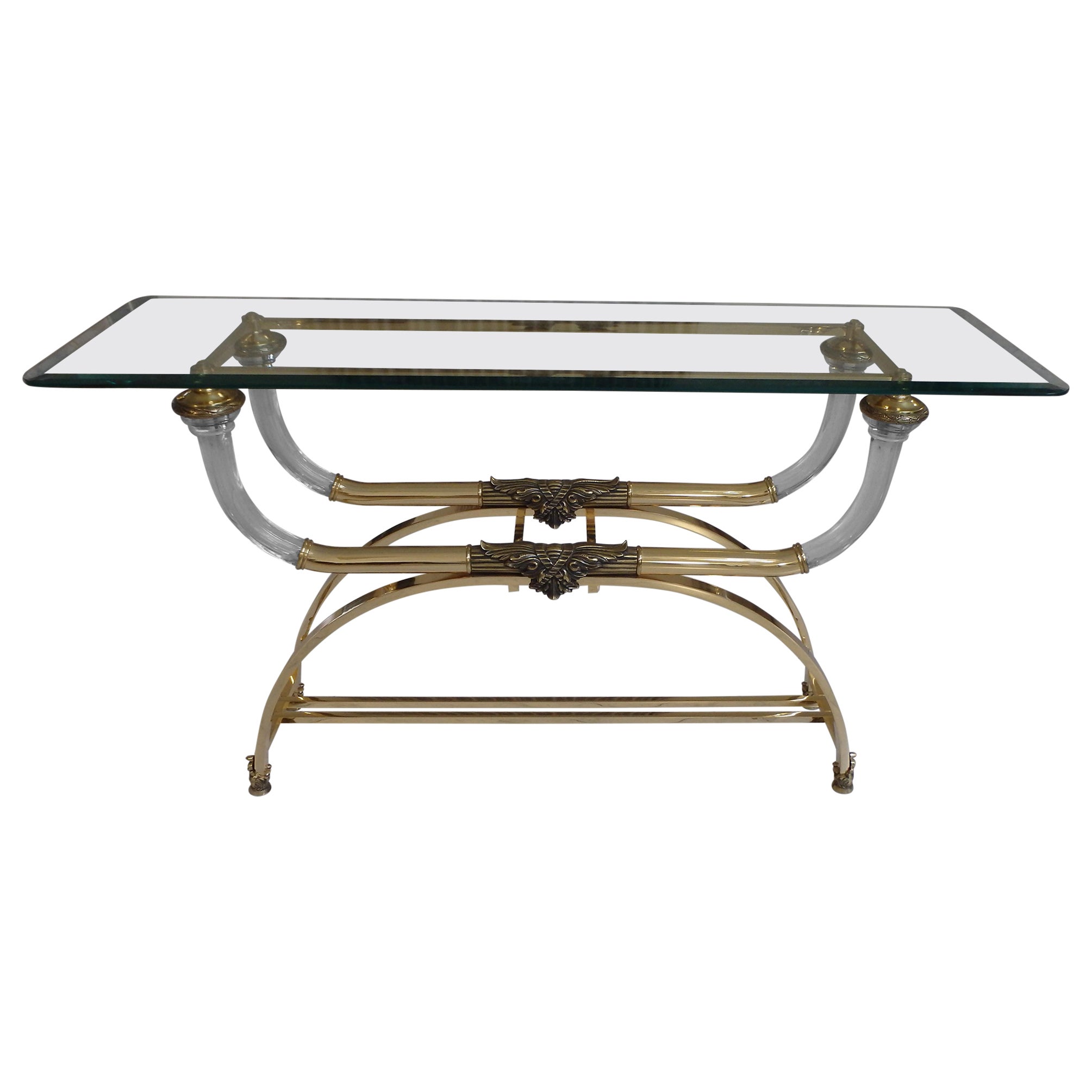 Sophisticated console brass and plexiglass with cut glass top For Sale