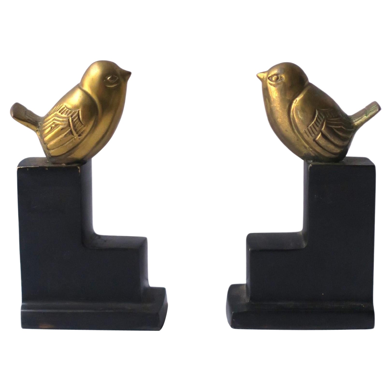 Art Deco Brass Birds on Black Marble Decorative Objects Bookends For Sale