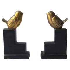 Retro Art Deco Brass Birds on Black Marble Decorative Objects Bookends