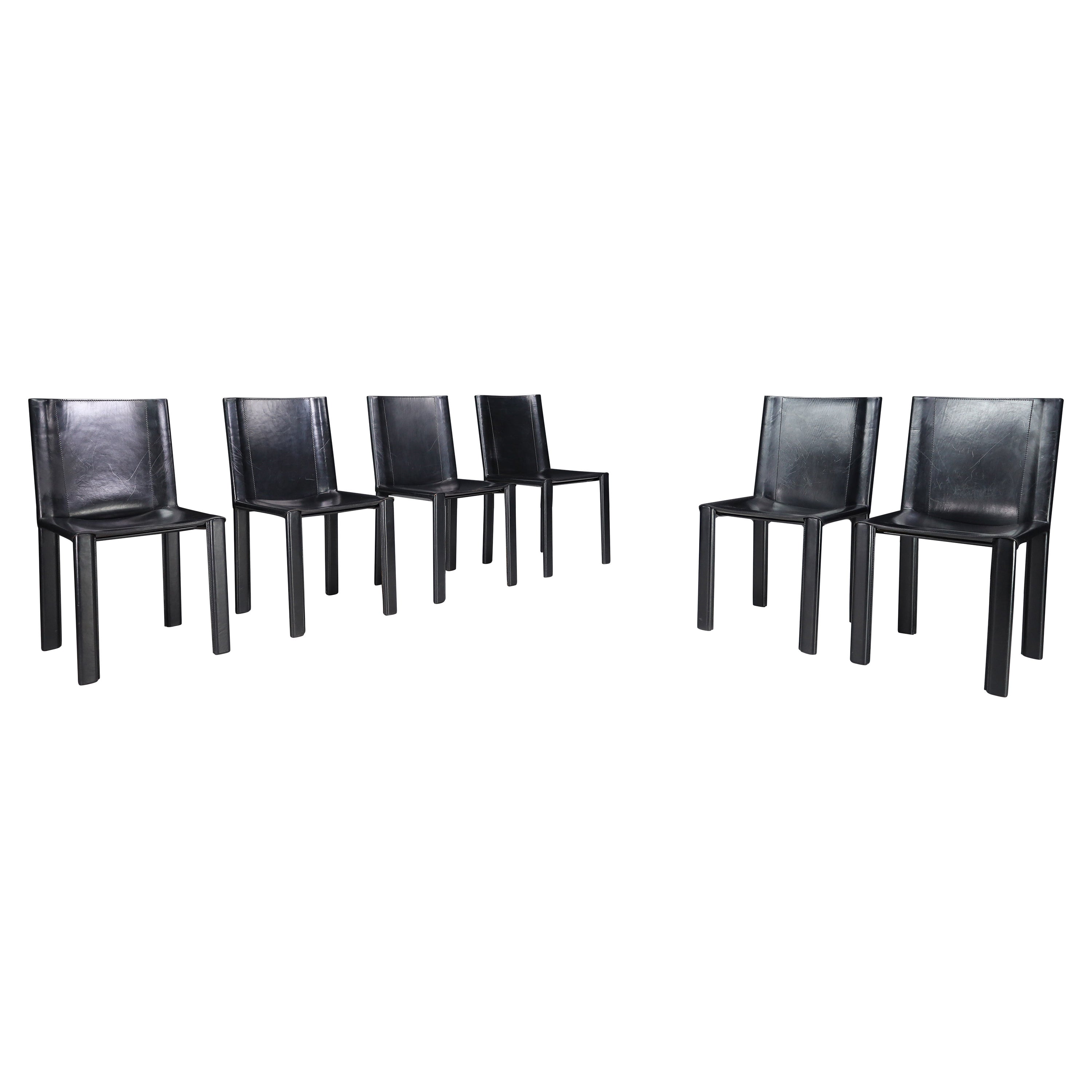 Carlo Bartoli Black Leather Dining Room Chairs for Matteo Grassi Italy 1980s  For Sale