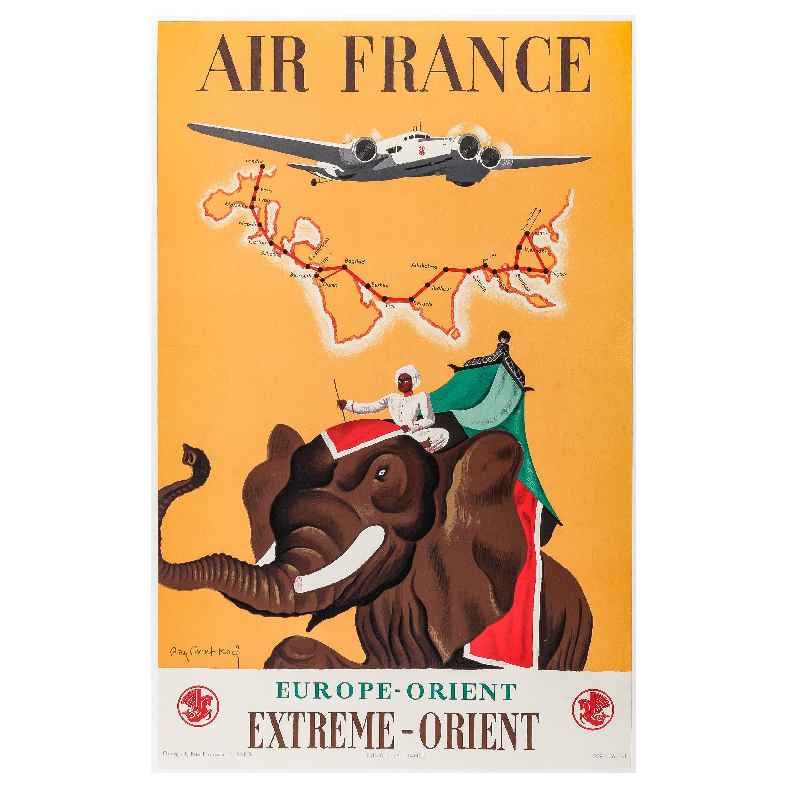 Ray Koch, affiche originale d'Air France, Extrême-Orient, Elephant Cornac, Inde 1938 en vente