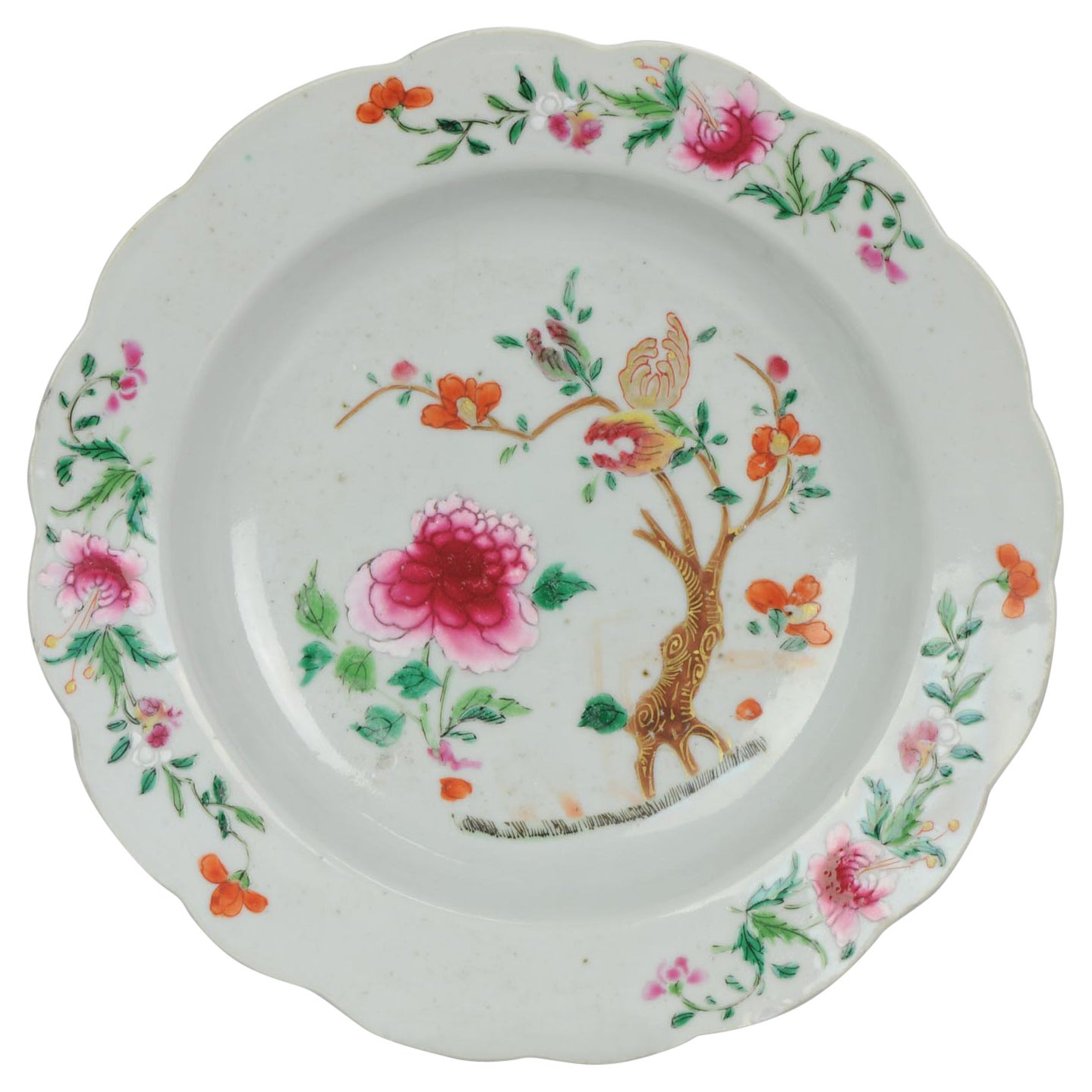 Antique Chinese Qianlong Unusual Famille Rose Plate Tree Enamel, 18 Century For Sale