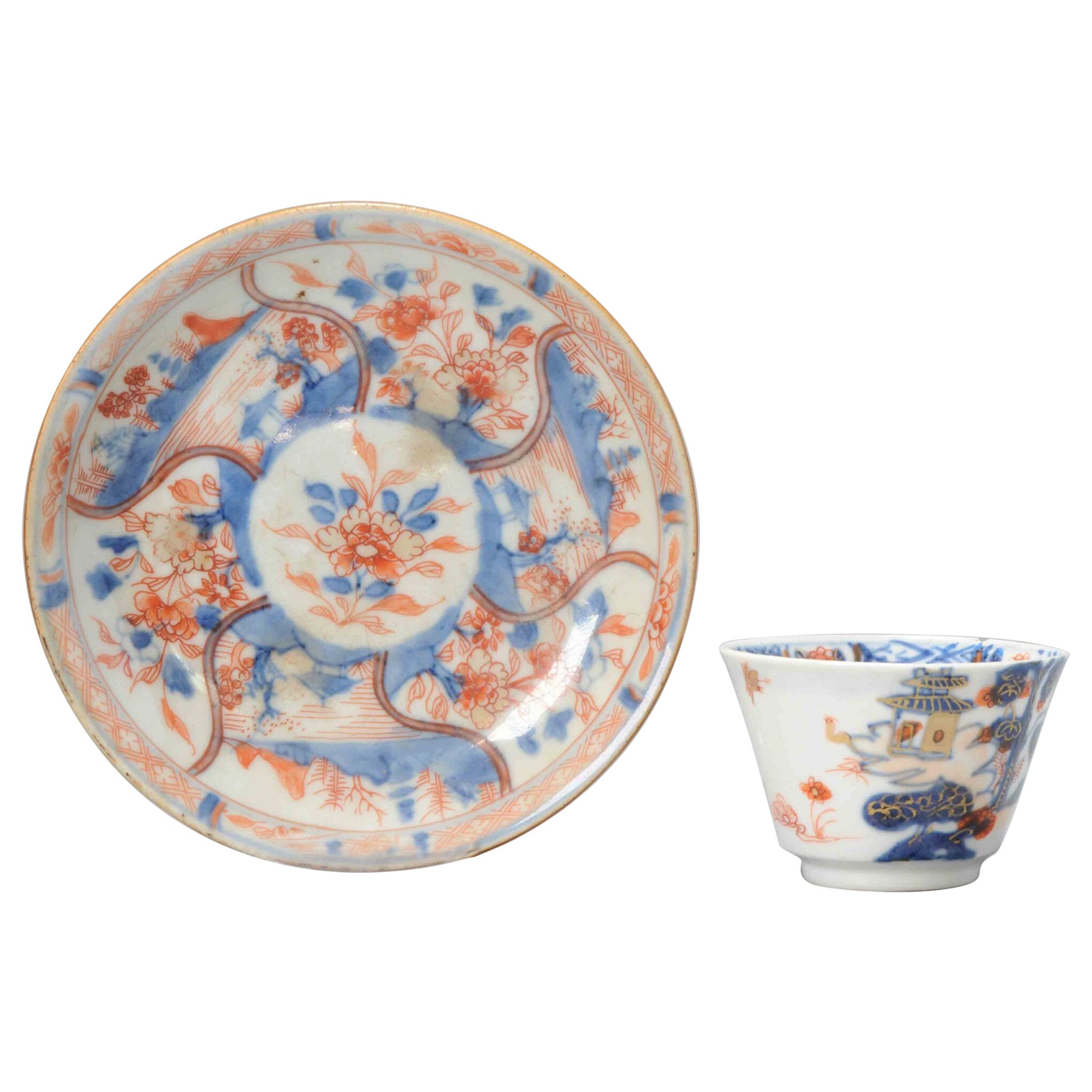Antike chinesische Porzellanschale aus der Kangxi-Periode, Teeschale mit Blumenmuster, Imari Cafe au Lait