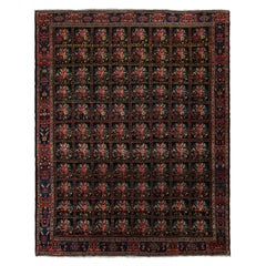 Antique Persian Bakhtiari Rug with Black, Red and Blue Florals