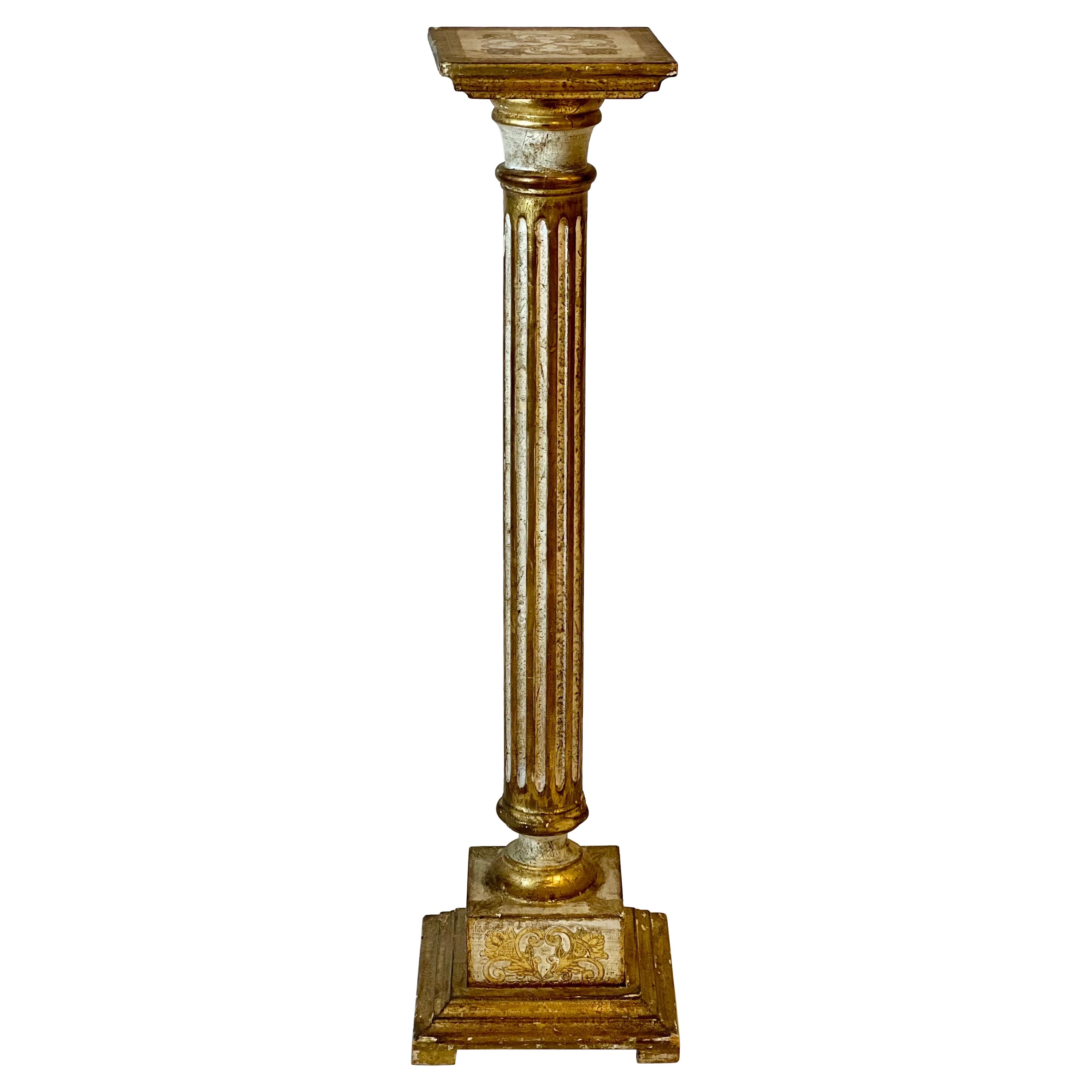 Florentine Neoclassical Fluted Cream and Gold Gilt Painted Column Pedestal For Sale