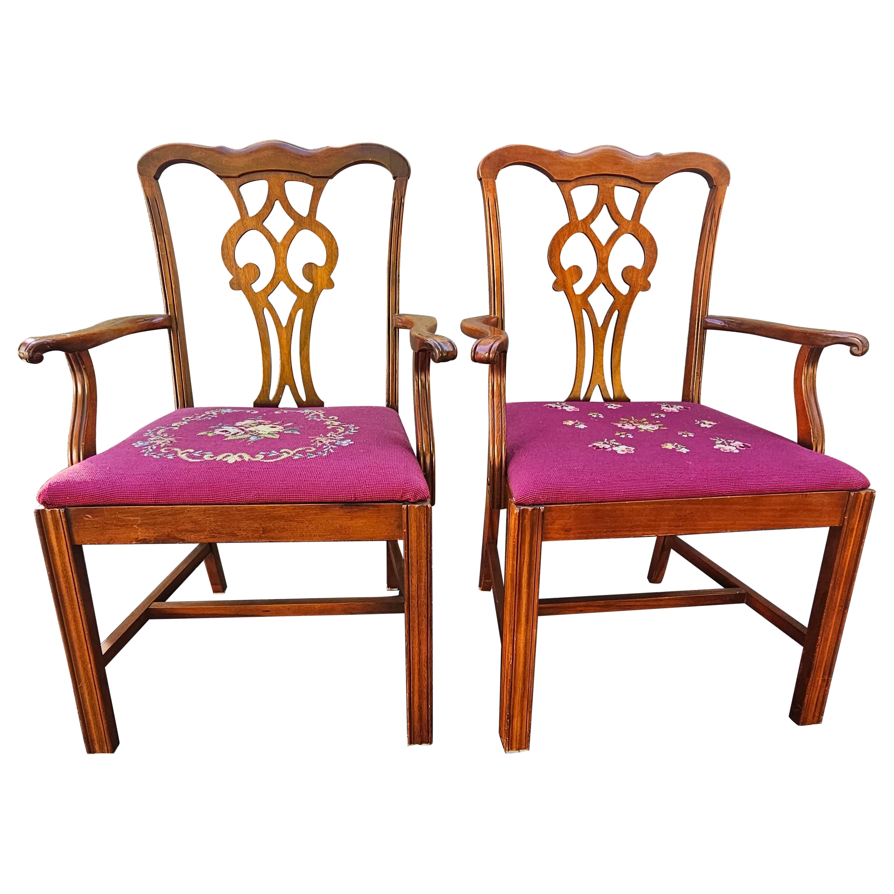 Stateville Chair Mid-Century Chippendale Mahogany Needflepoint ArmChairs, Pair