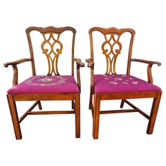 Vintage Stateville Chair Mid-Century Chippendale Mahogany Needflepoint ArmChairs, Pair