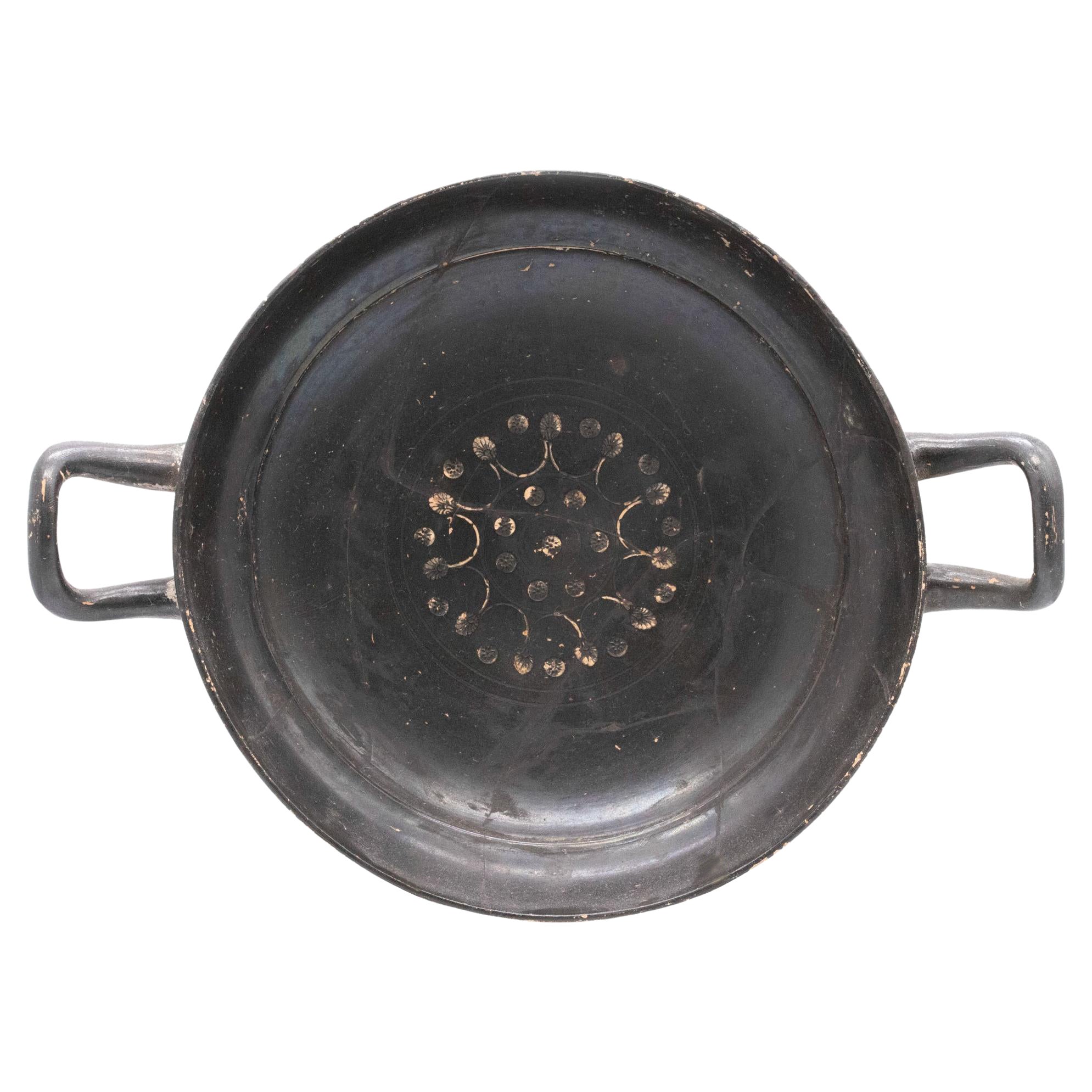 Ancient Greek 350BC South Italy Campanian Black Terracotta Handled Kylix Vase For Sale