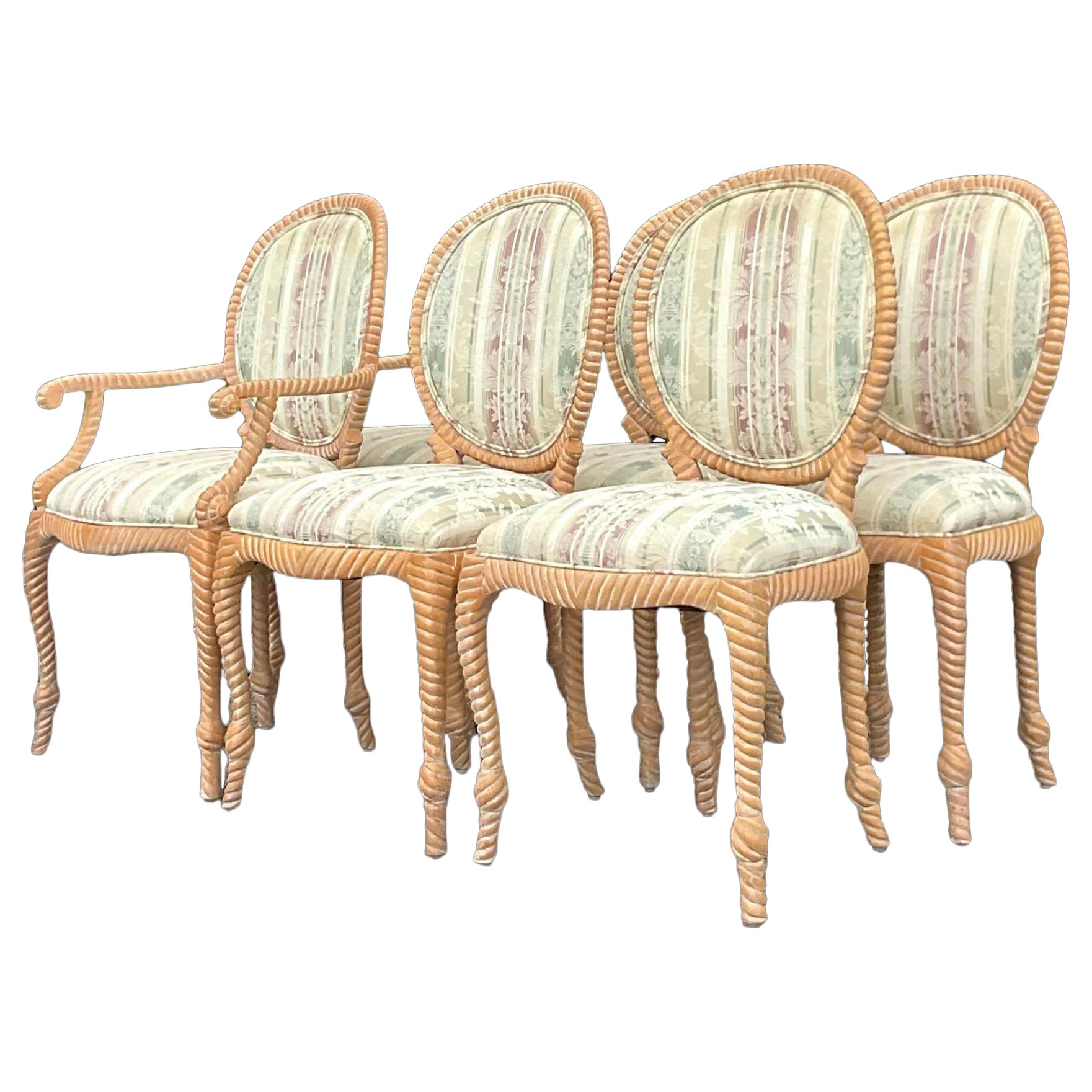Spanische Vintage-Esszimmerstühle aus geschnitztem Seil von Boho, 6er-Set im Angebot