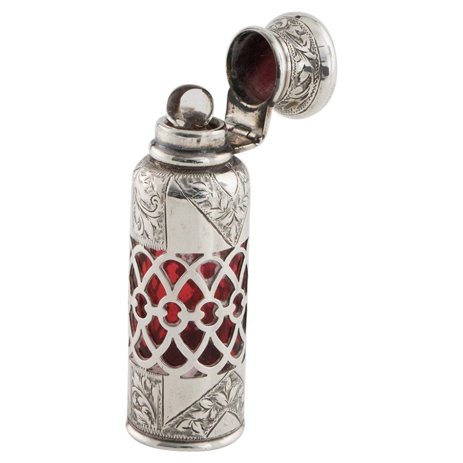 Sterling Silver Hinged Top and Ruby Glass Perfume Bottle Birmingham 1903
