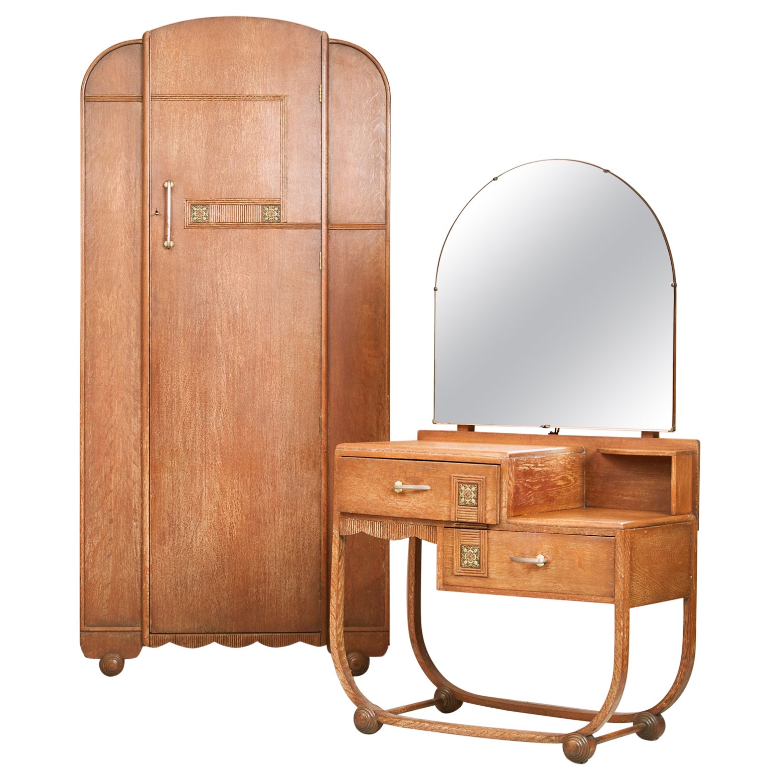 Heals Limed Oak Art Deco Bedroom Dresser and Wardrobe, 1930s