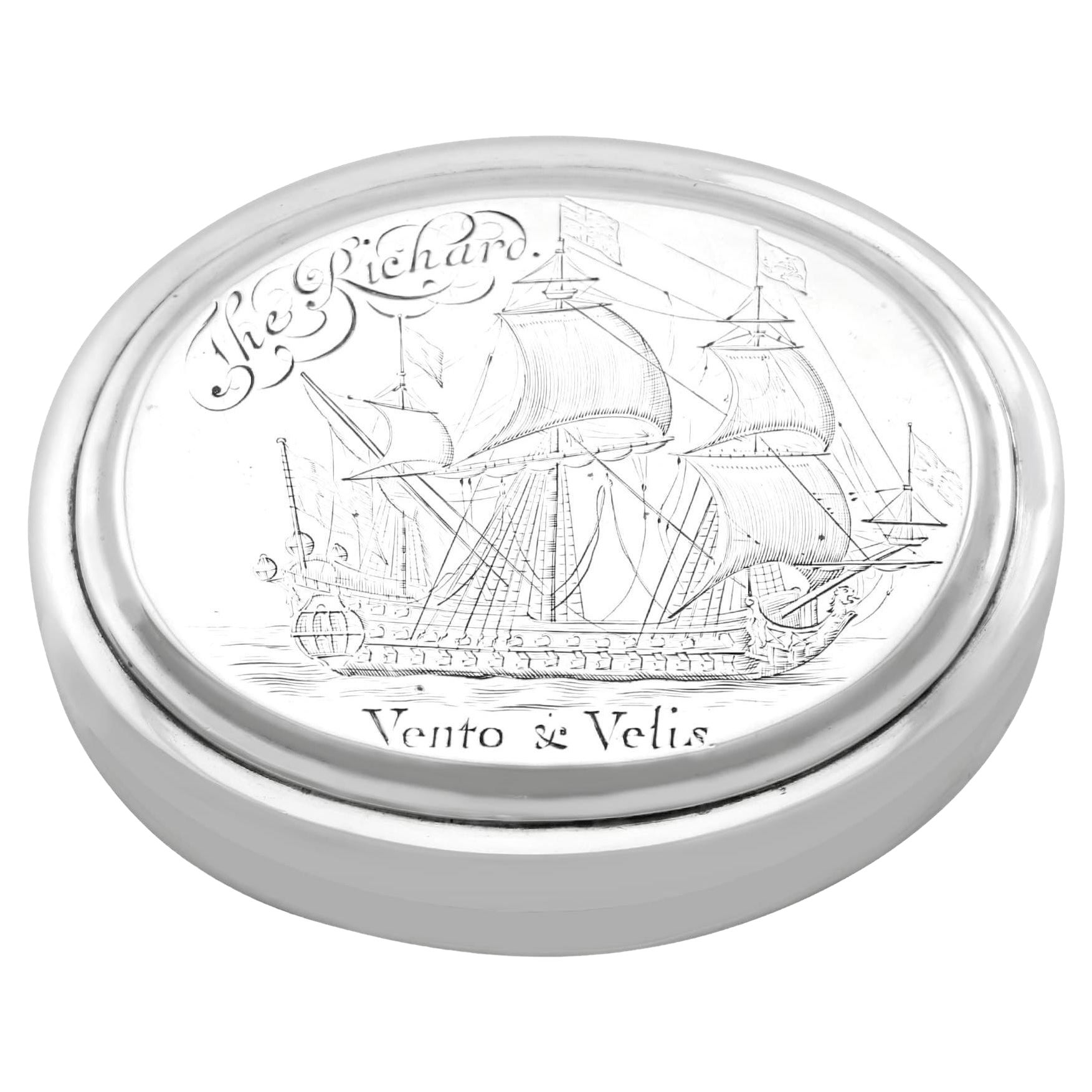 Caja de tabaco de plata Queen Anne Britannia 'Vento y Vellis' 'Viento y velocidad en venta