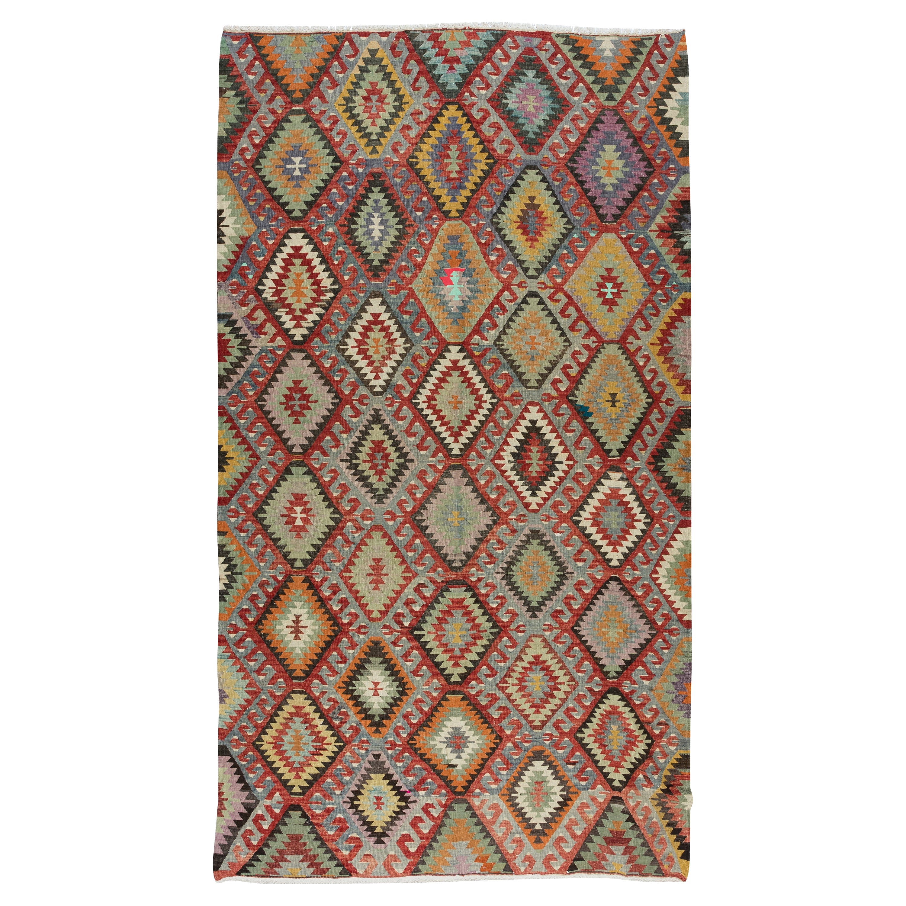 5.8x10 Ft Einzigartiger handgefertigter, mehrfarbiger Flachgewebe-Teppich aus türkischer Wolle und Kelim, Unikat