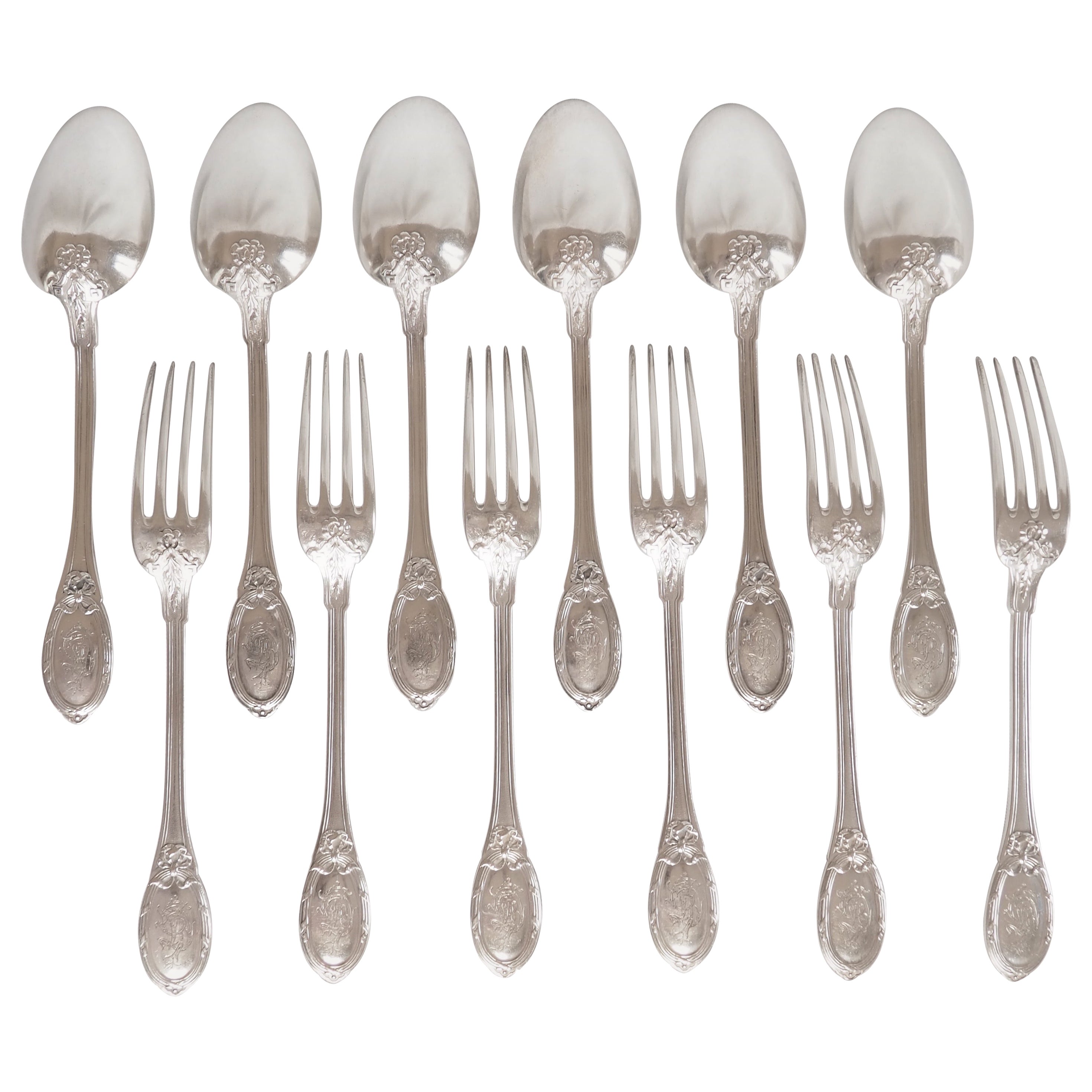 French antique Louis XVI style sterling silver flatware for 6 - Henin & Cie For Sale