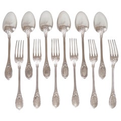 French Vintage Louis XVI style sterling silver flatware for 6 - Henin & Cie