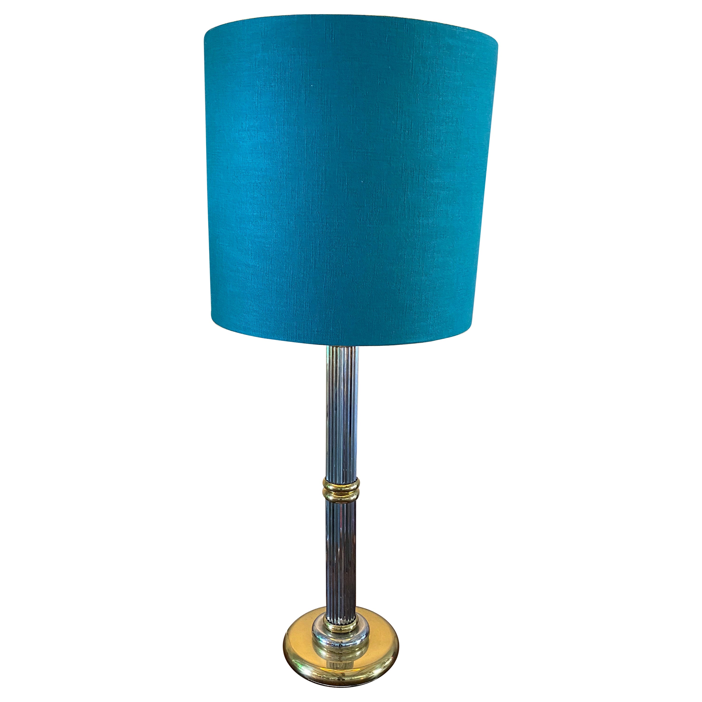 Tall table lamp, bicolor style, Hollywood Regency style, turquoise lampshade For Sale