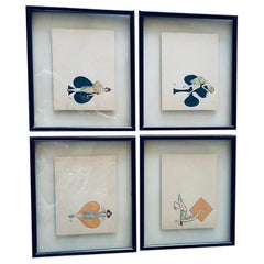 Antique 4 framed lithographs of Art Deco ladies in front of playing card motifs, signed