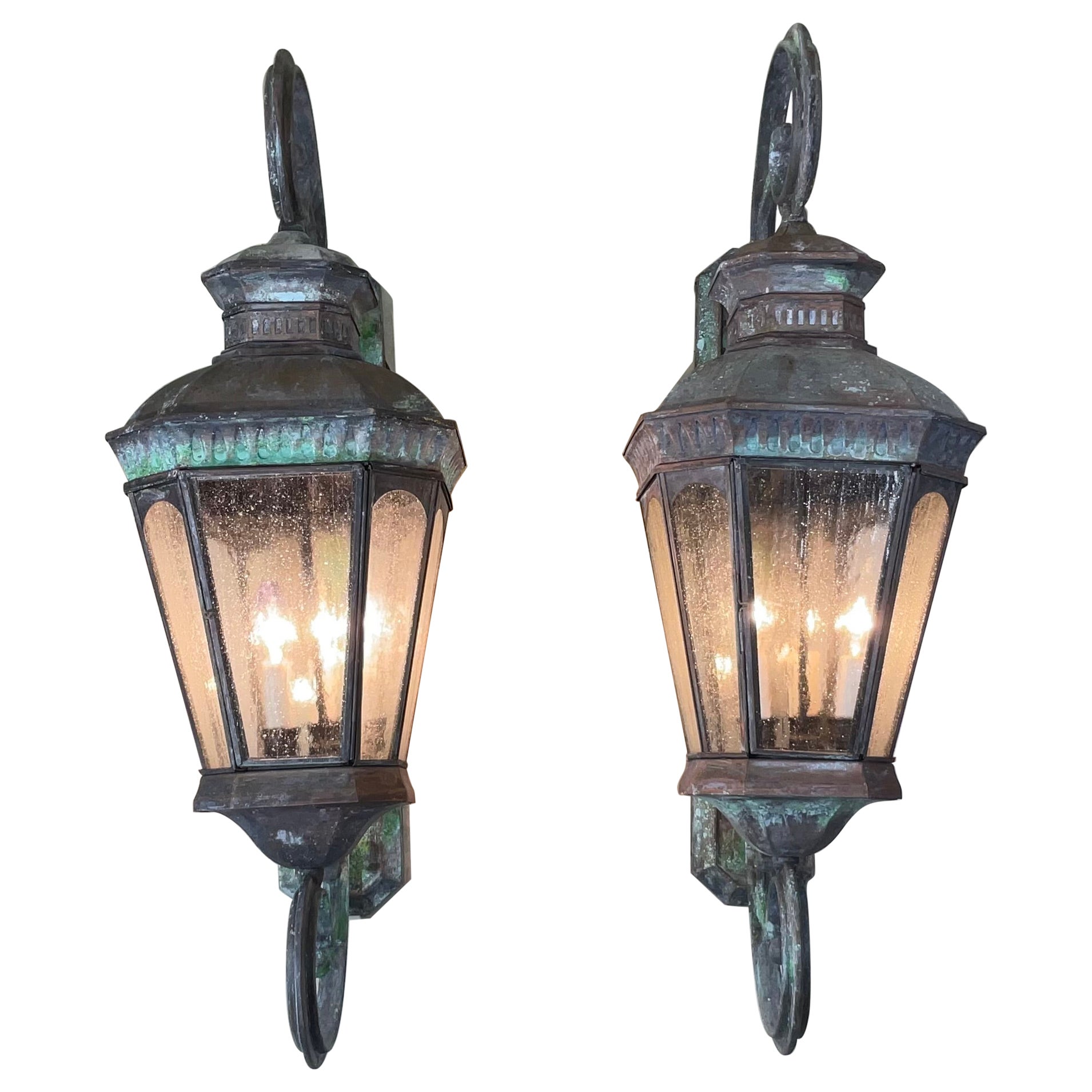 Large Pair of Handcrafted Wall-Mounted Brass Lantern For Sale