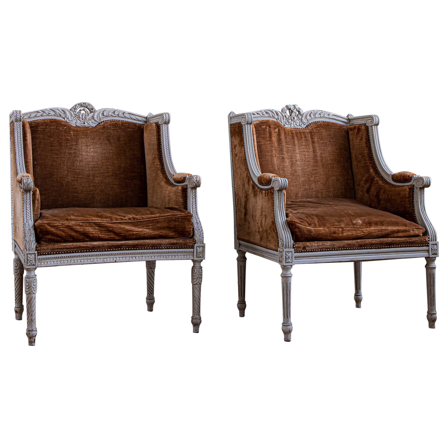 Pair Of French 19th Century Louis XVI Style Bergere à Oreilles Armchairs For Sale