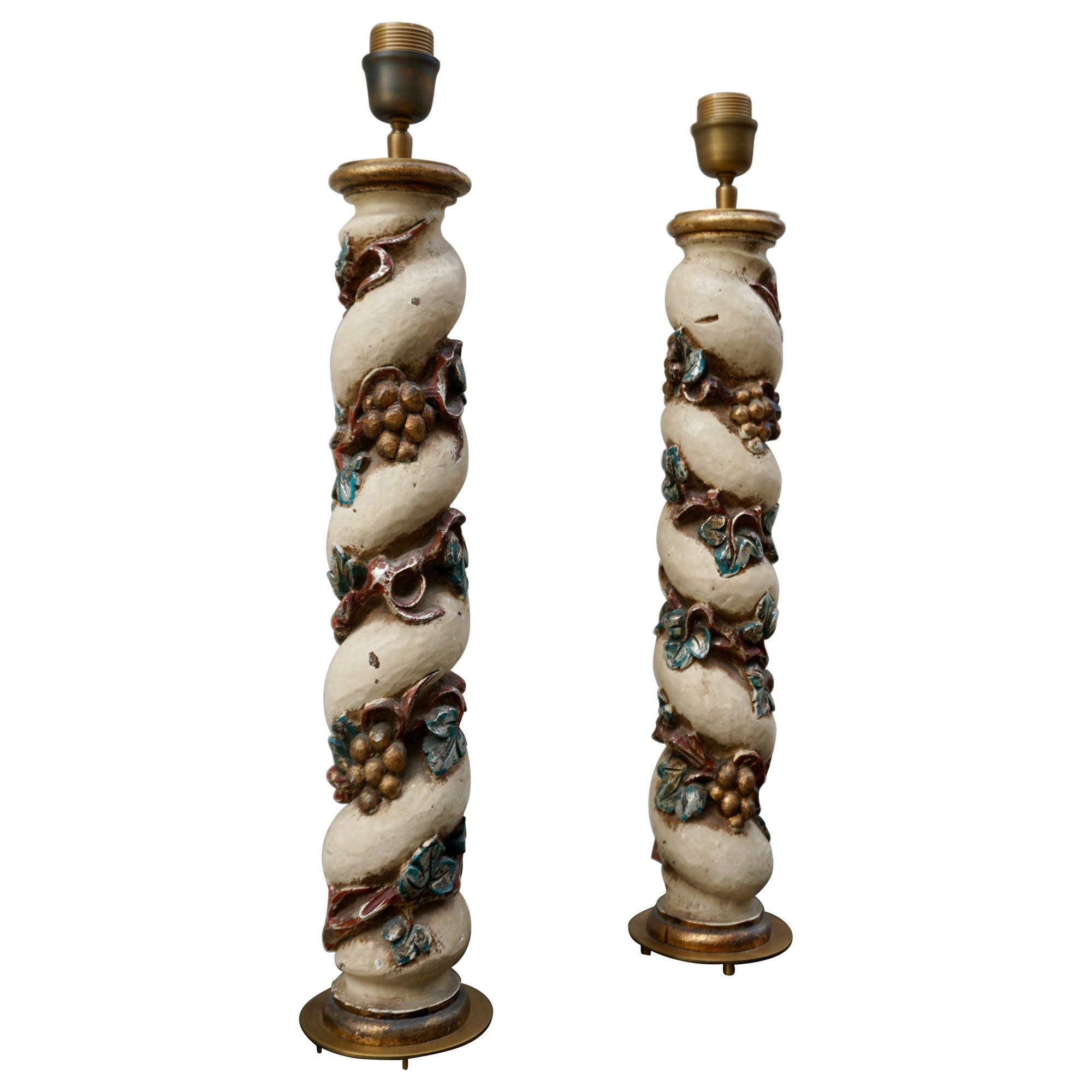 Pair of Carved Polychromed Italian Solomonic Columns Mounted as Lamps For Sale
