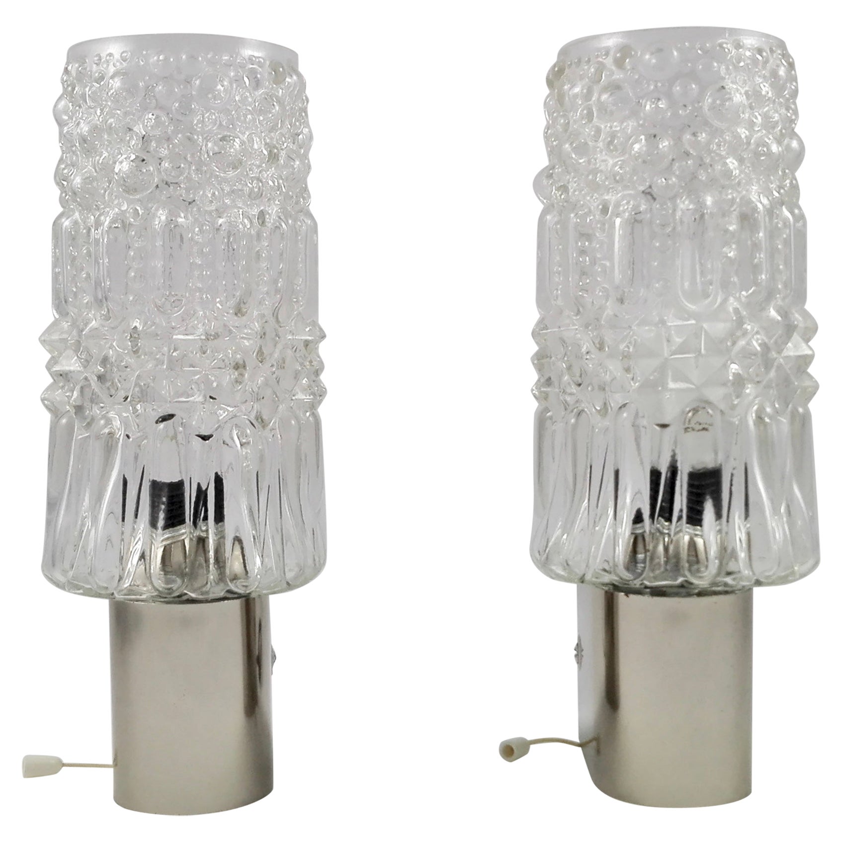 1970s chrome and faceted thick crystal shades wall lamps. Set of two. For Sale