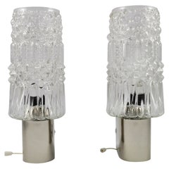 1970s chrome and faceted thick crystal shades wall lamps. Set of two.