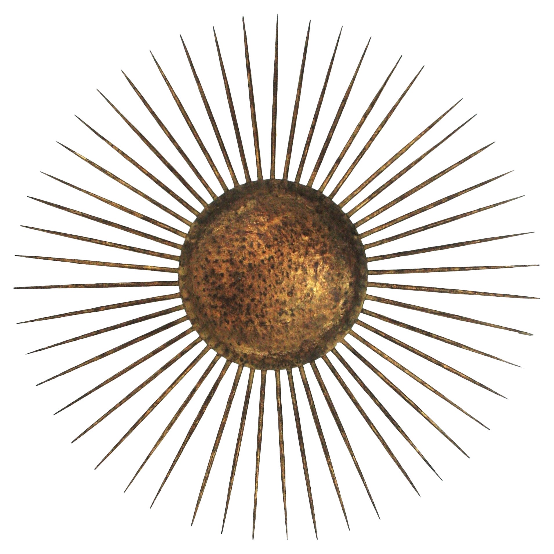 French Sunburst Ceiling Light Fixture in Gilt Wrought Iron, 1940s For Sale