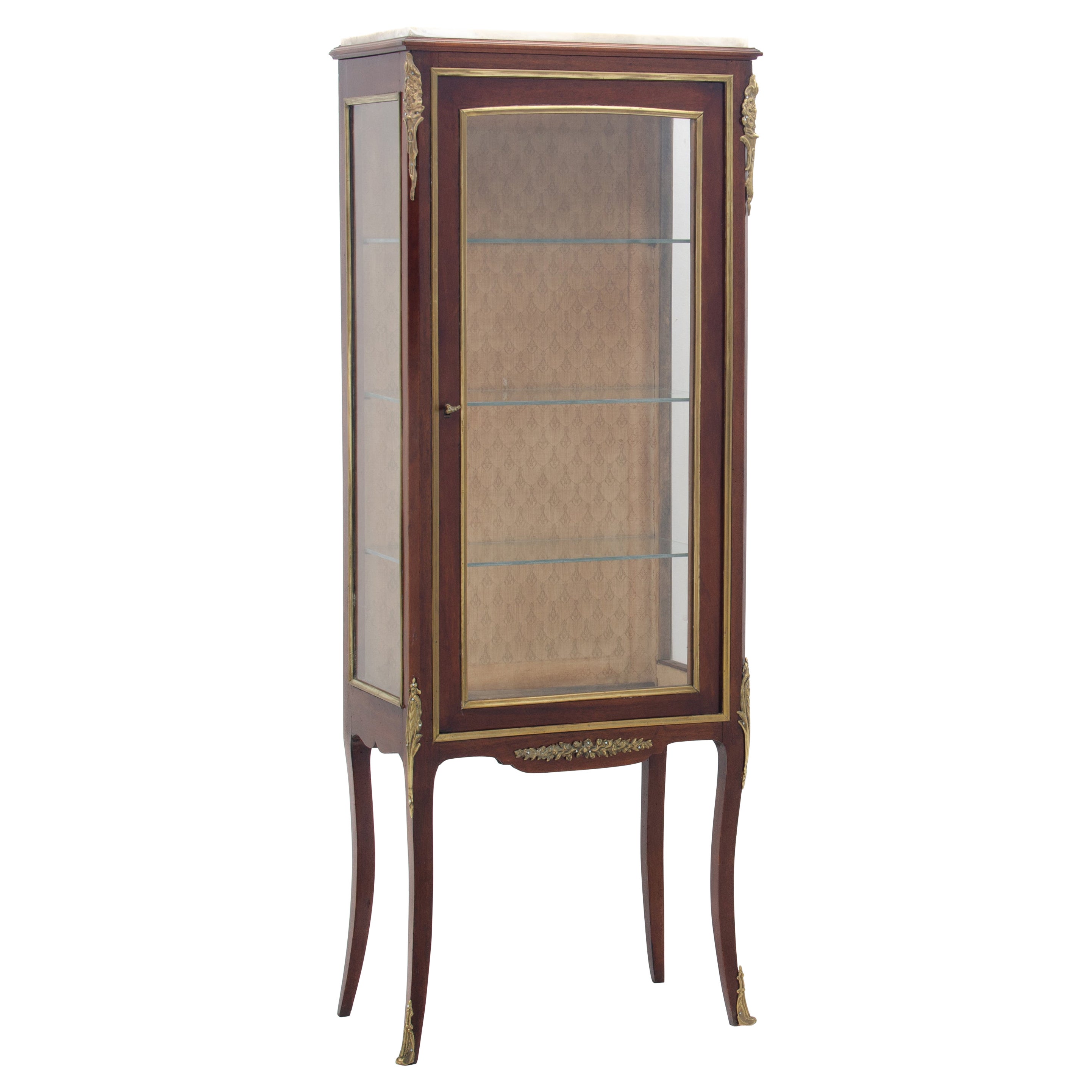 Antique French Louis XV Vitrine Display Fruitwood Ormolu Brass Marble Cabinet For Sale