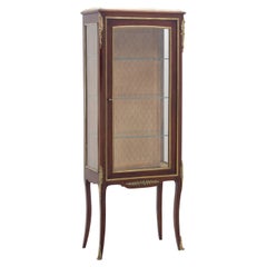 Vintage French Louis XV Vitrine Display Fruitwood Ormolu Brass Marble Cabinet