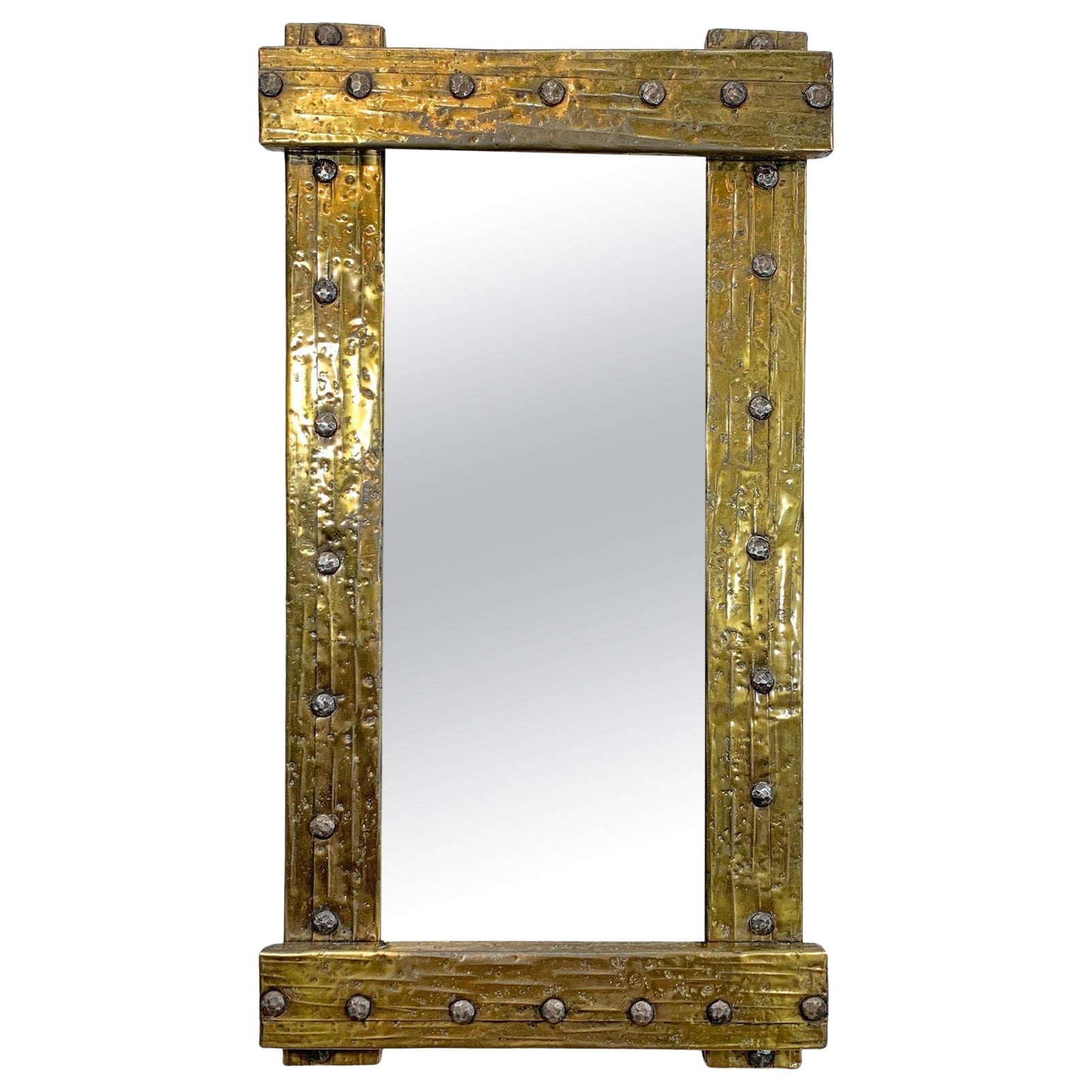 Mid-Century Riveted Gold Brass Brutalist Mirror For Sale