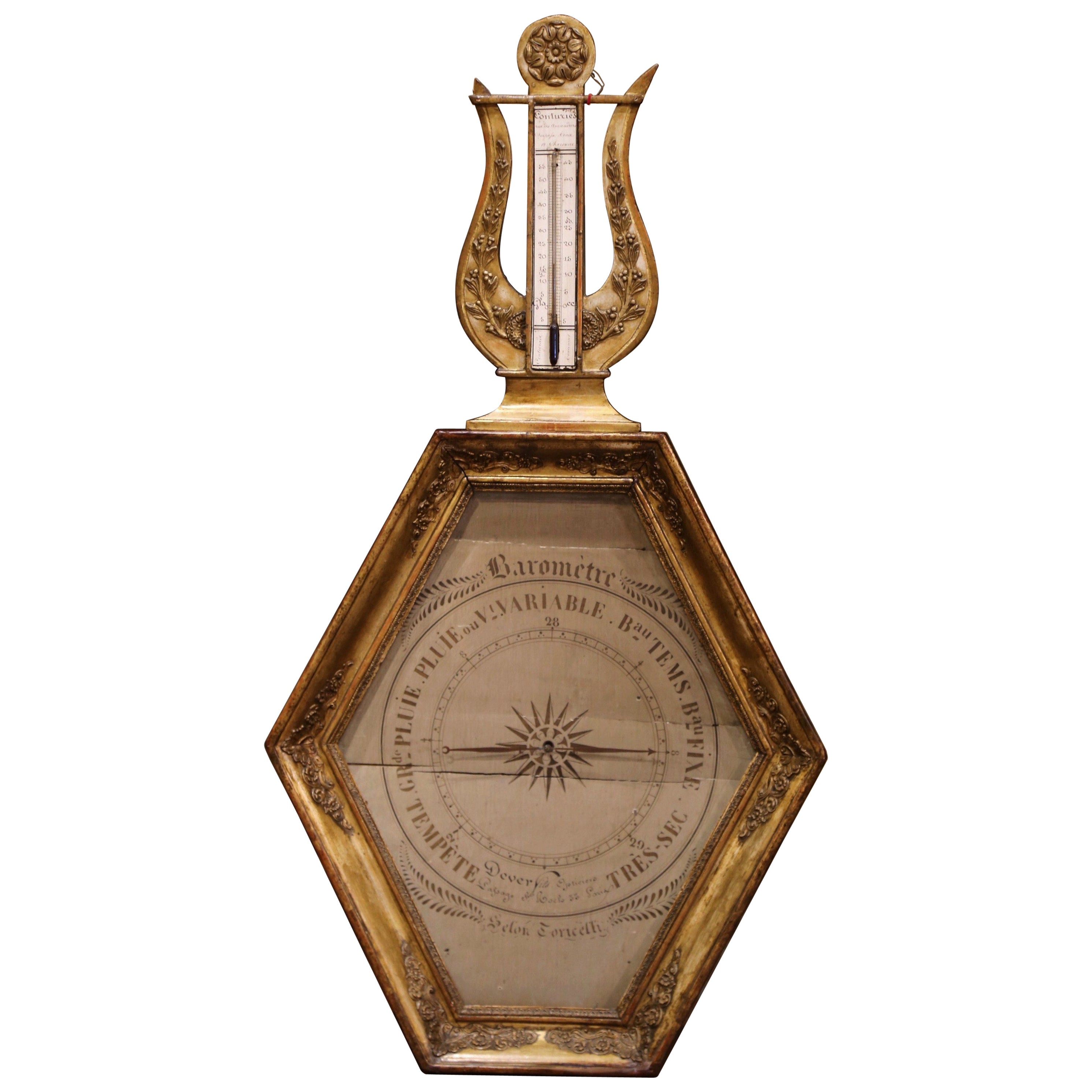 18th Century French Louis XVI Carved Giltwood Wall Barometer & Thermometer For Sale