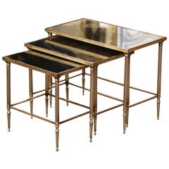 Vintage Mid-Century French Brass and Mirrored Glass Nesting Tables Maison Baguès Style