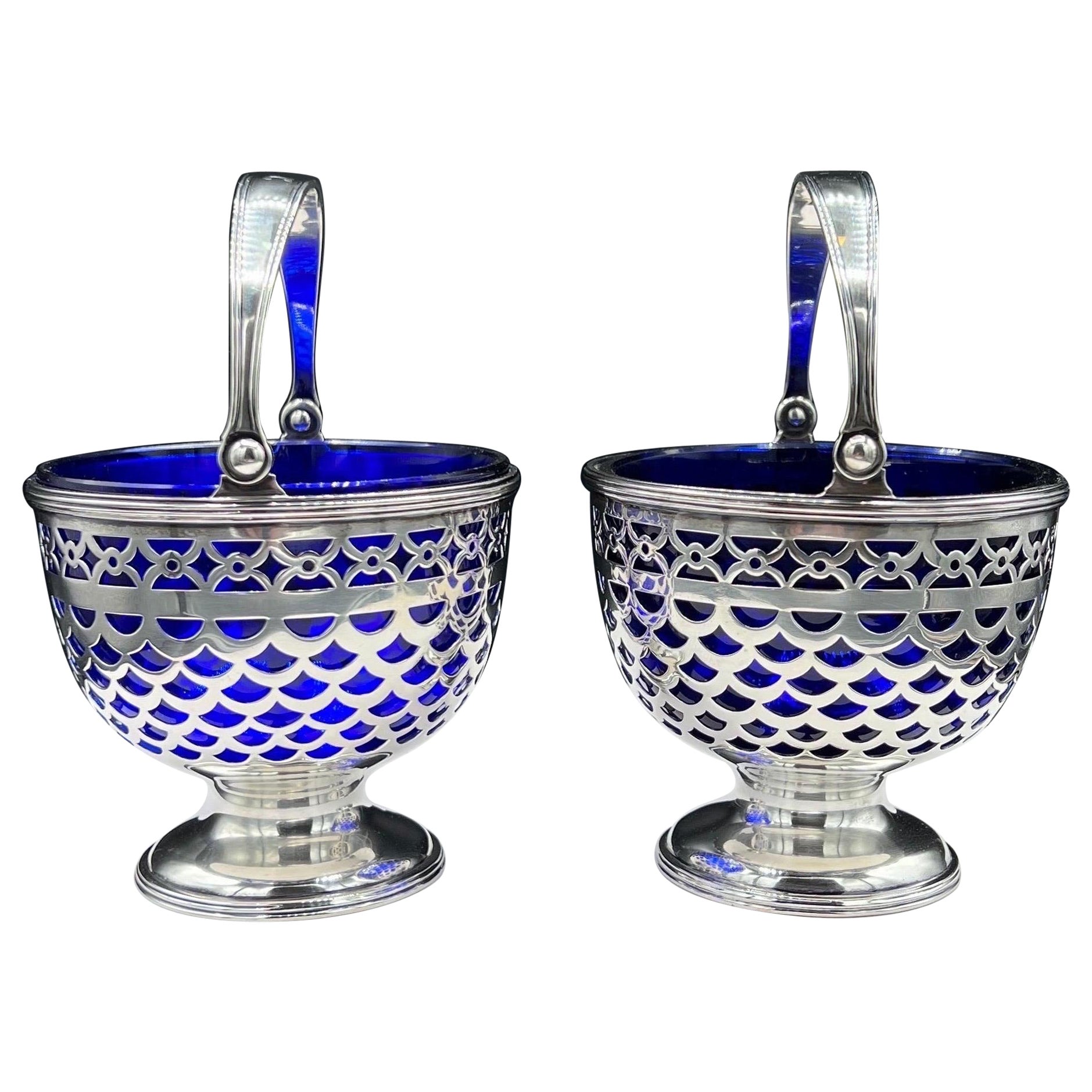 A Pair of Tiffany Baskets with Cobalt Liner For Sale