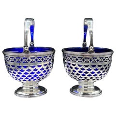 Antique A Pair of Tiffany Baskets with Cobalt Liner