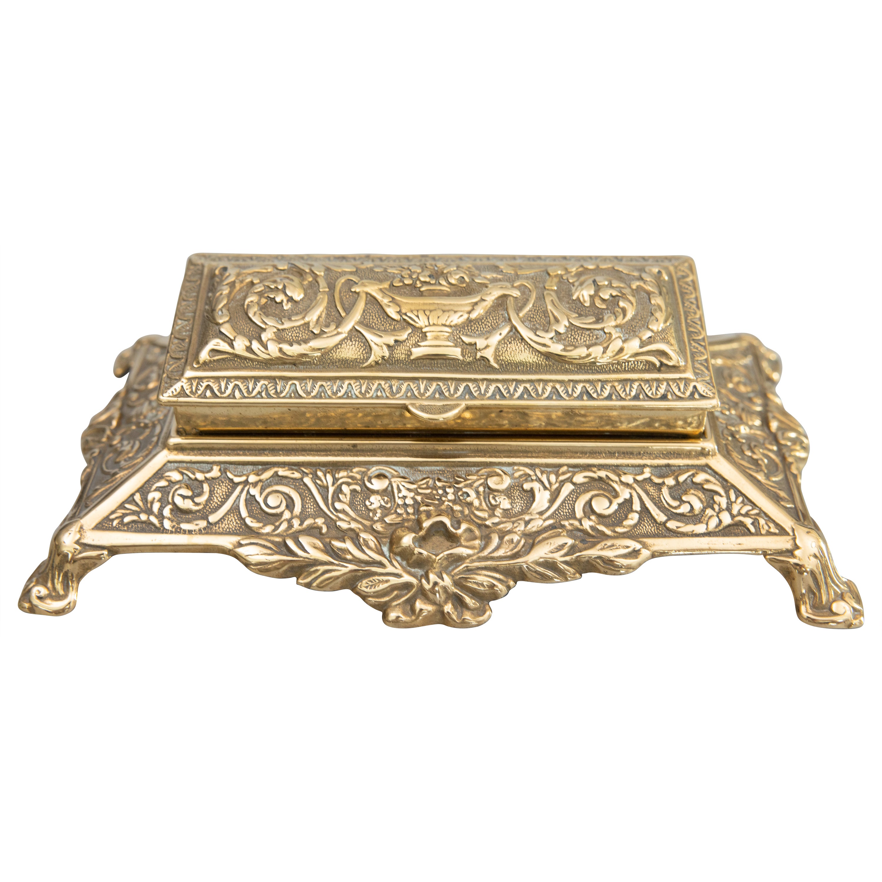 Art Nouveau English Brass Footed Stamp Box, circa 1920 For Sale