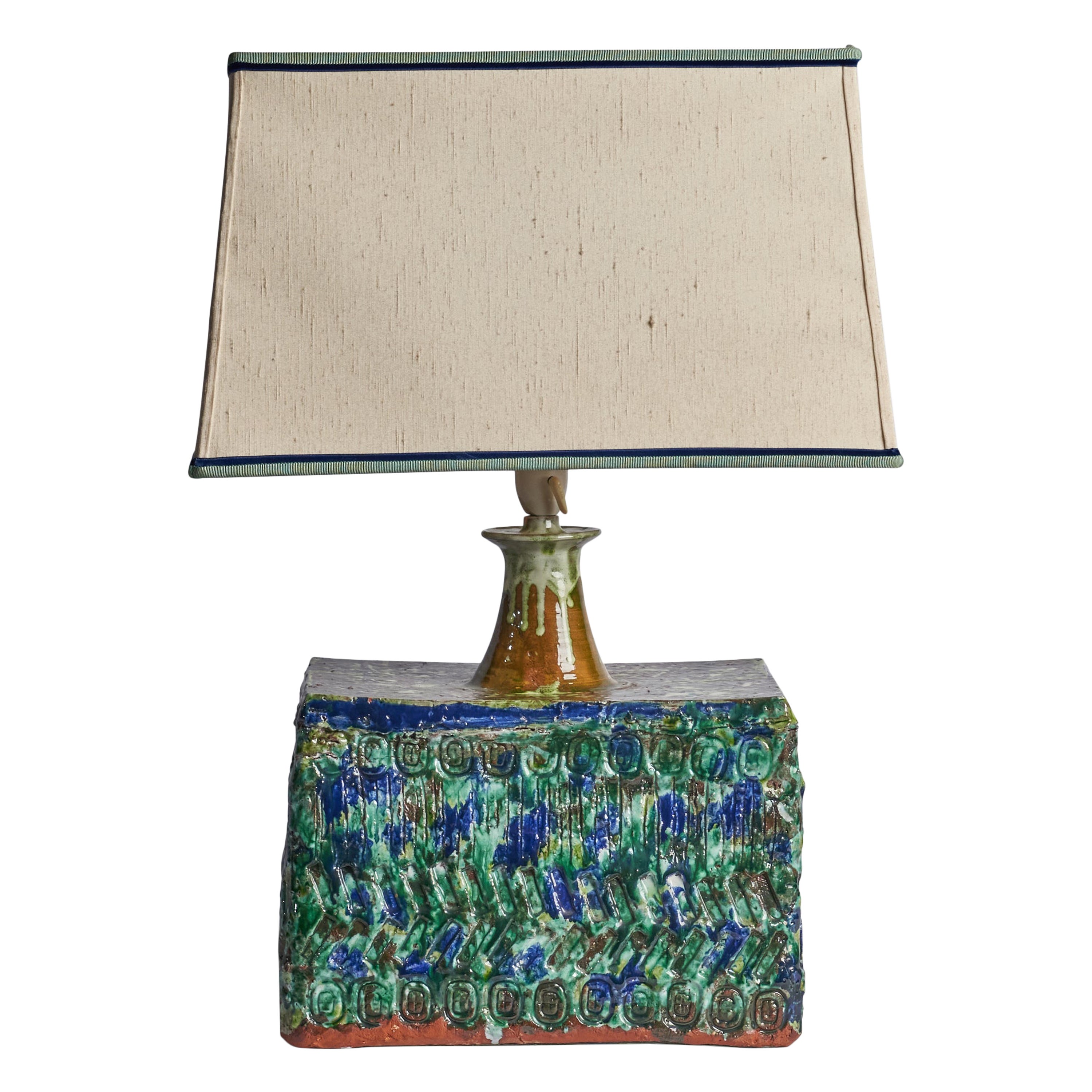 Palle Jensen, Sizeable Table Lamp, Stoneware, Fabric, Denmark, 1960s For Sale
