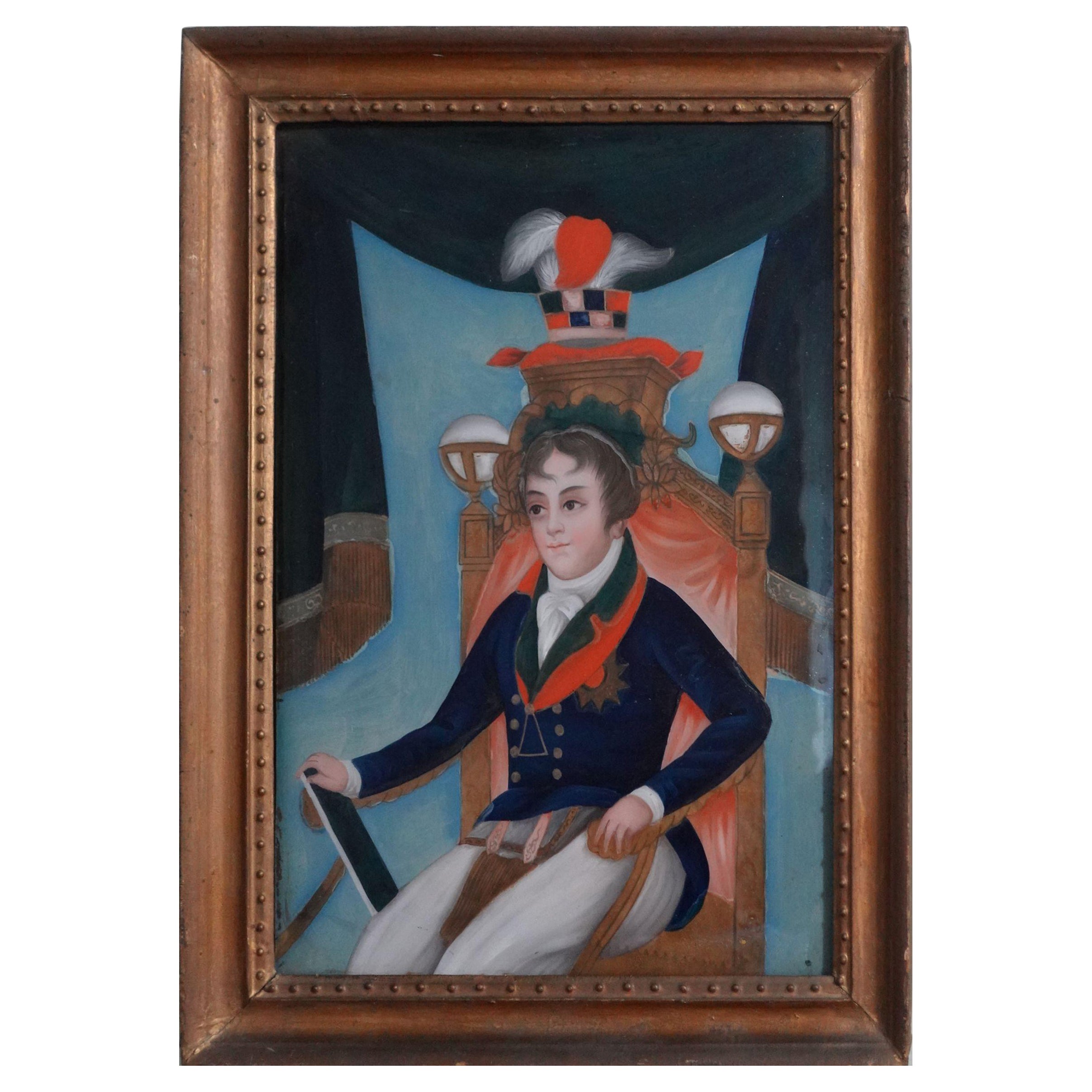 Antique Chinese Export Reverse Glass Painting, Young Napoleon Bonaparte For Sale
