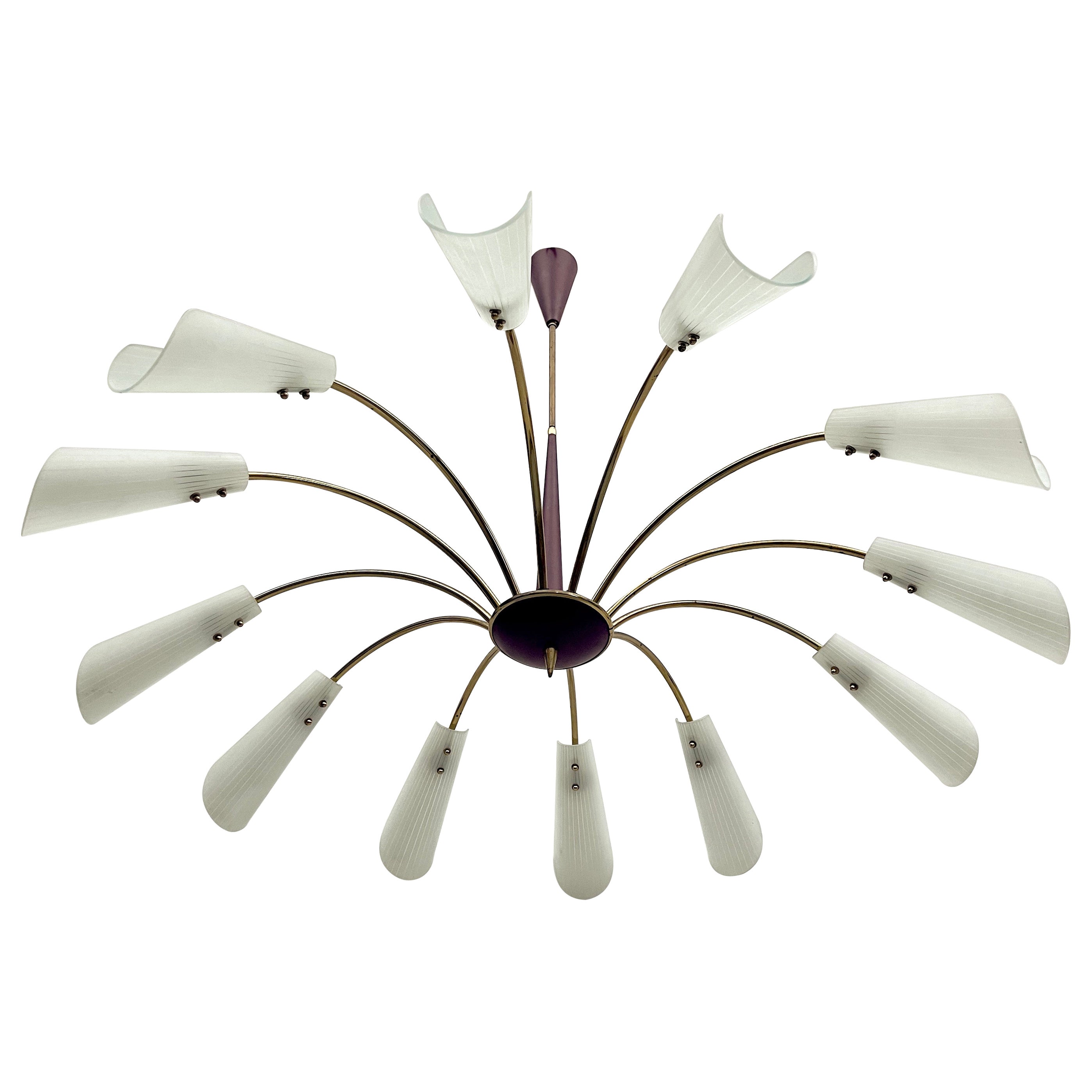 Mid-Century Large 12 arms spider chandelier in Stilnovo manner. Italy 1950s For Sale