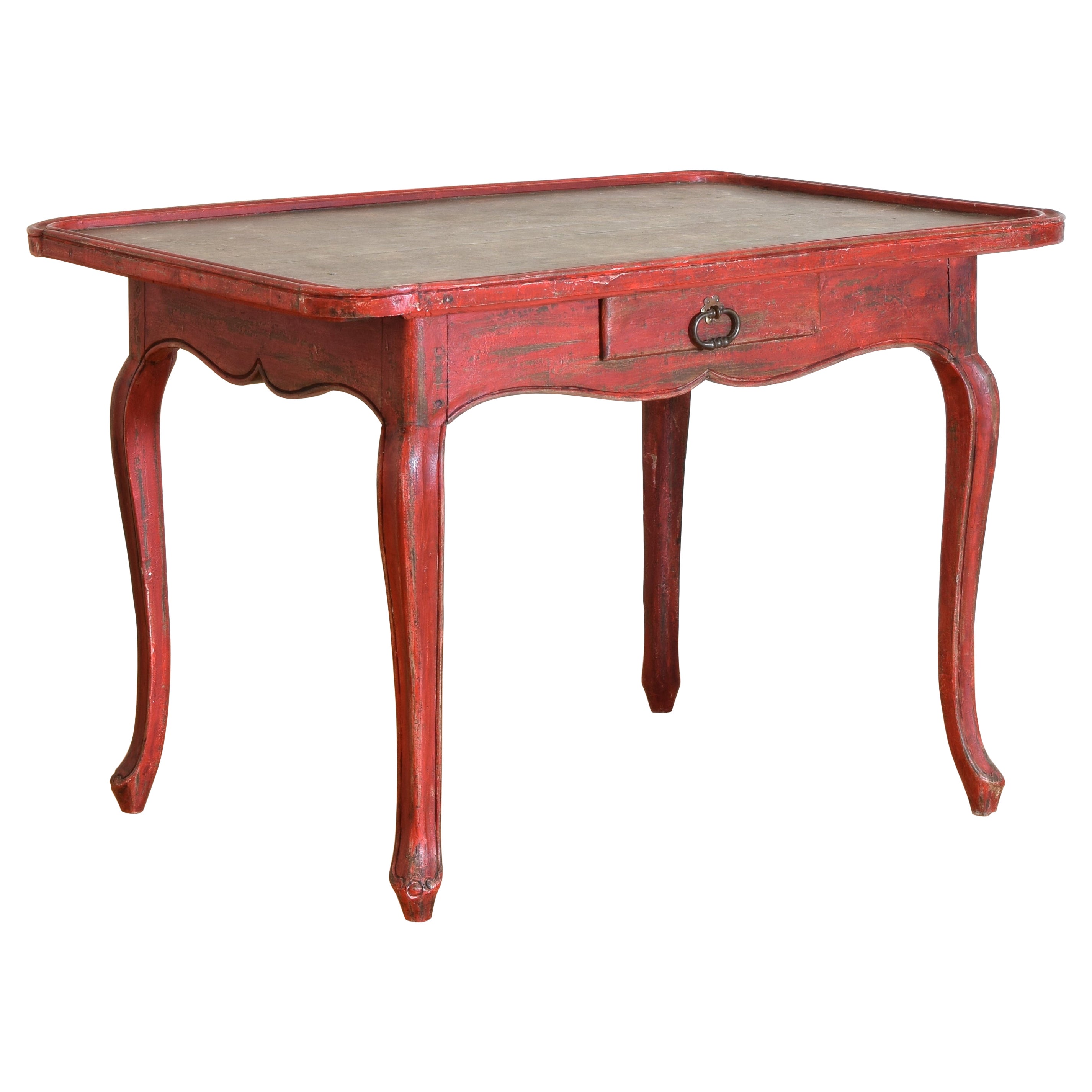 French Louis XV Period Shape & Red Painted Walnut 1-Drawer Table, mid 18th cen. For Sale