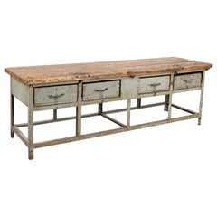 Long Industrial Work Table Kitchen Island with 4 Drawers, Hungary circa 1920-40