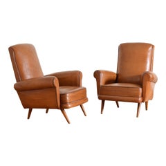 Pair French Art Deco Period Leather Upholstered Club Chairs, 2nd quarter 20thc