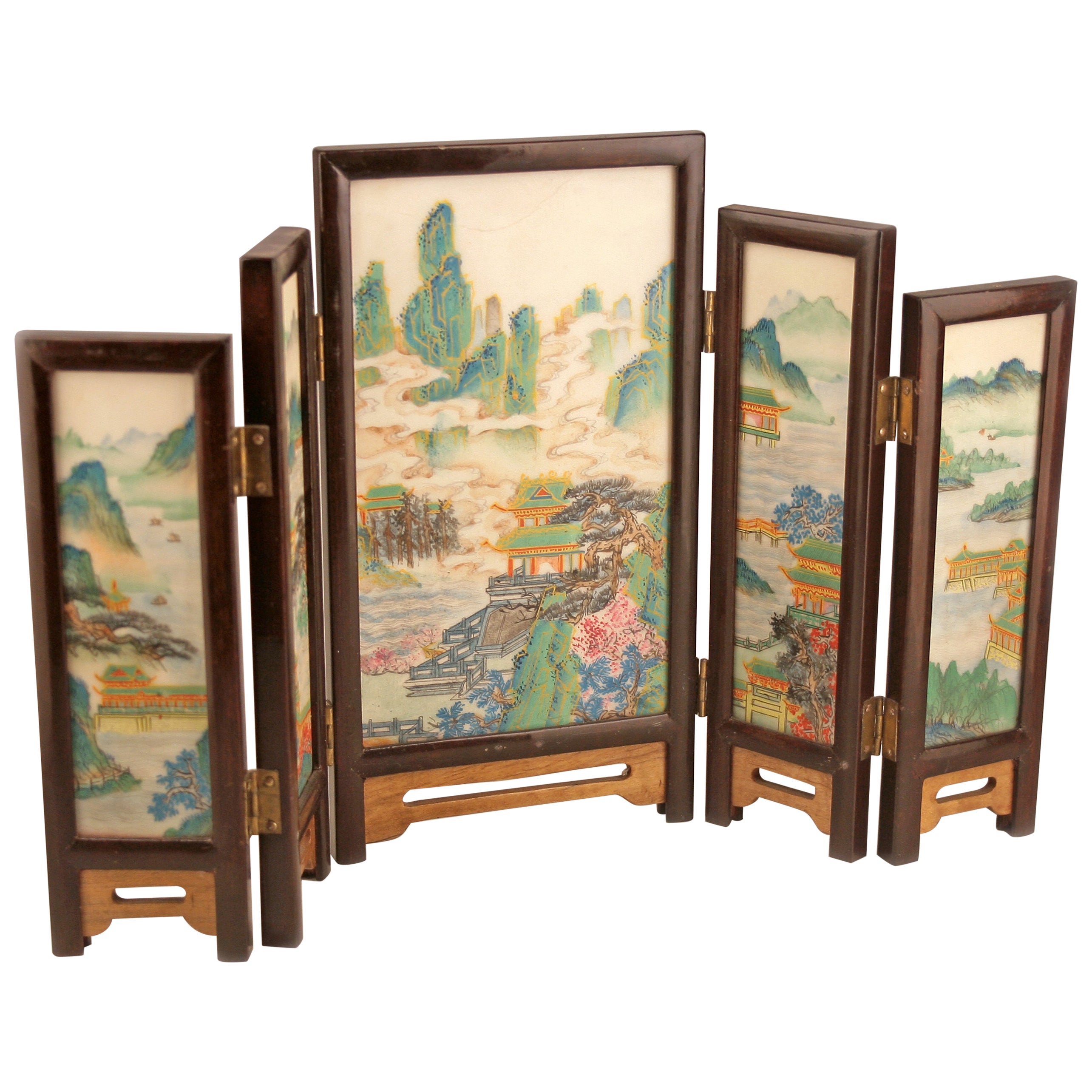 Ado-Meiji Period Japanese Painted Five-Panel Folding Miniature Screen, 19ème C.
