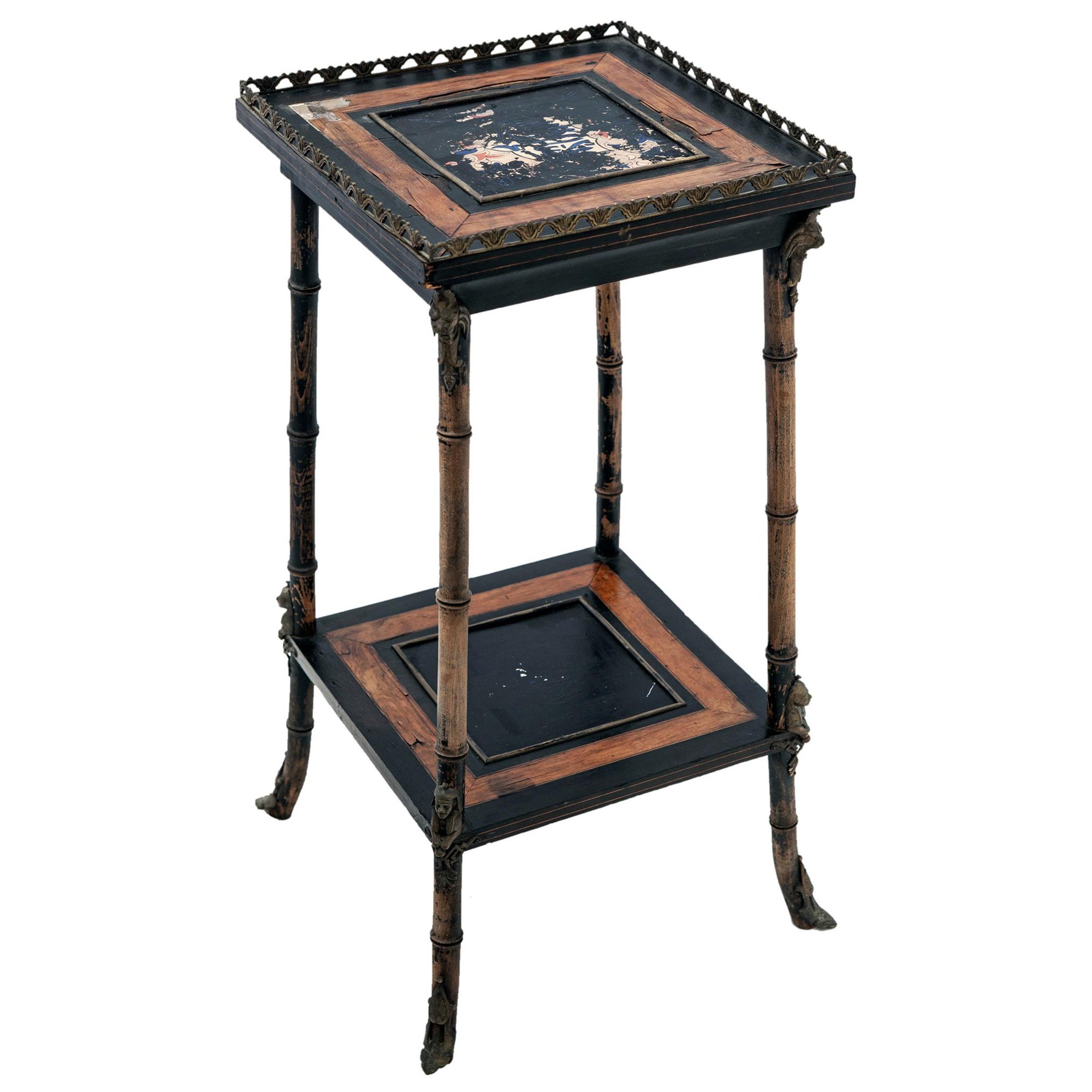 Egyptian Revival Plant Stand with Inlaid Tile Top & Bronze Cage Trim. For Sale