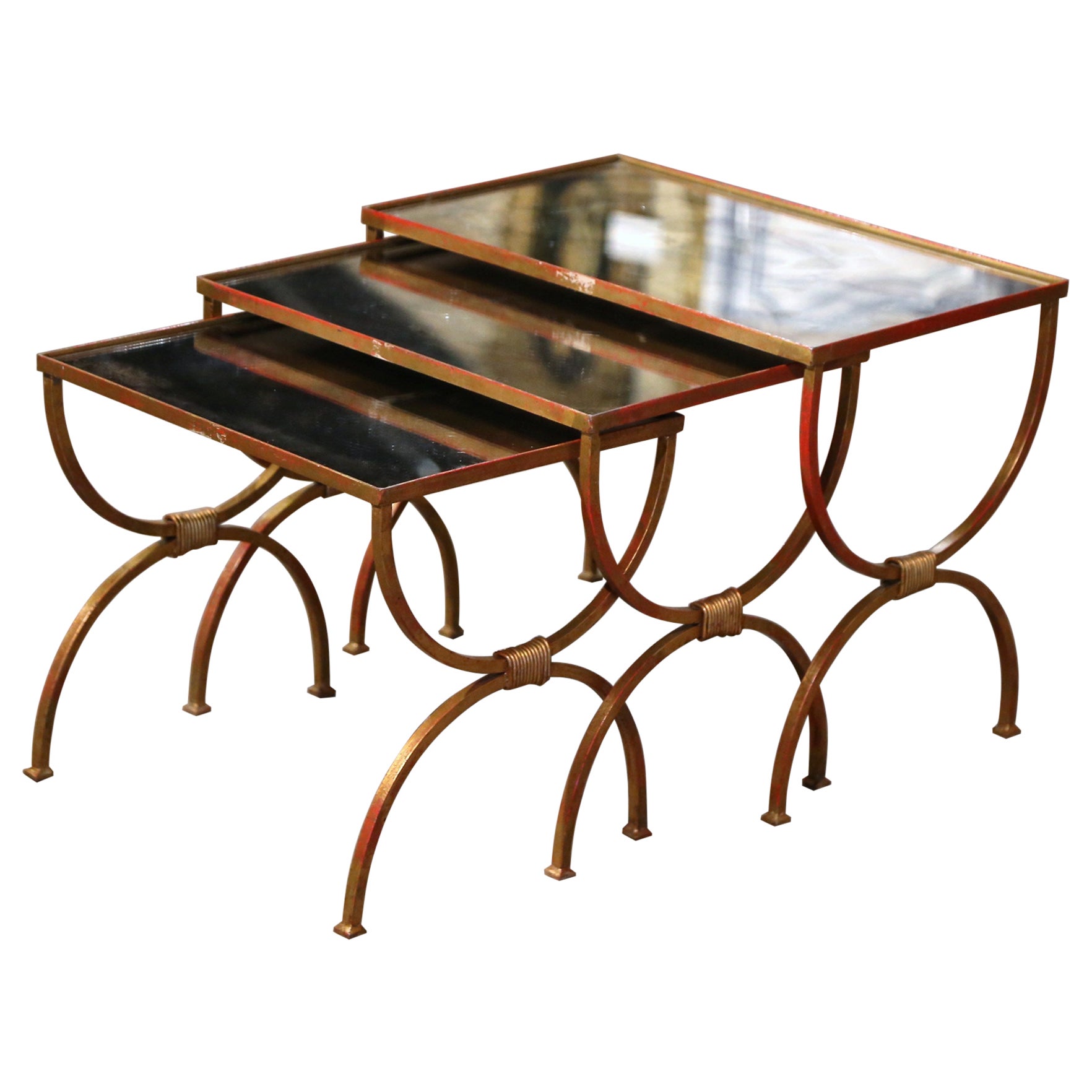 Mid-Century French Iron and Mirrored Glass Curule Nesting Tables, Set of 3  For Sale