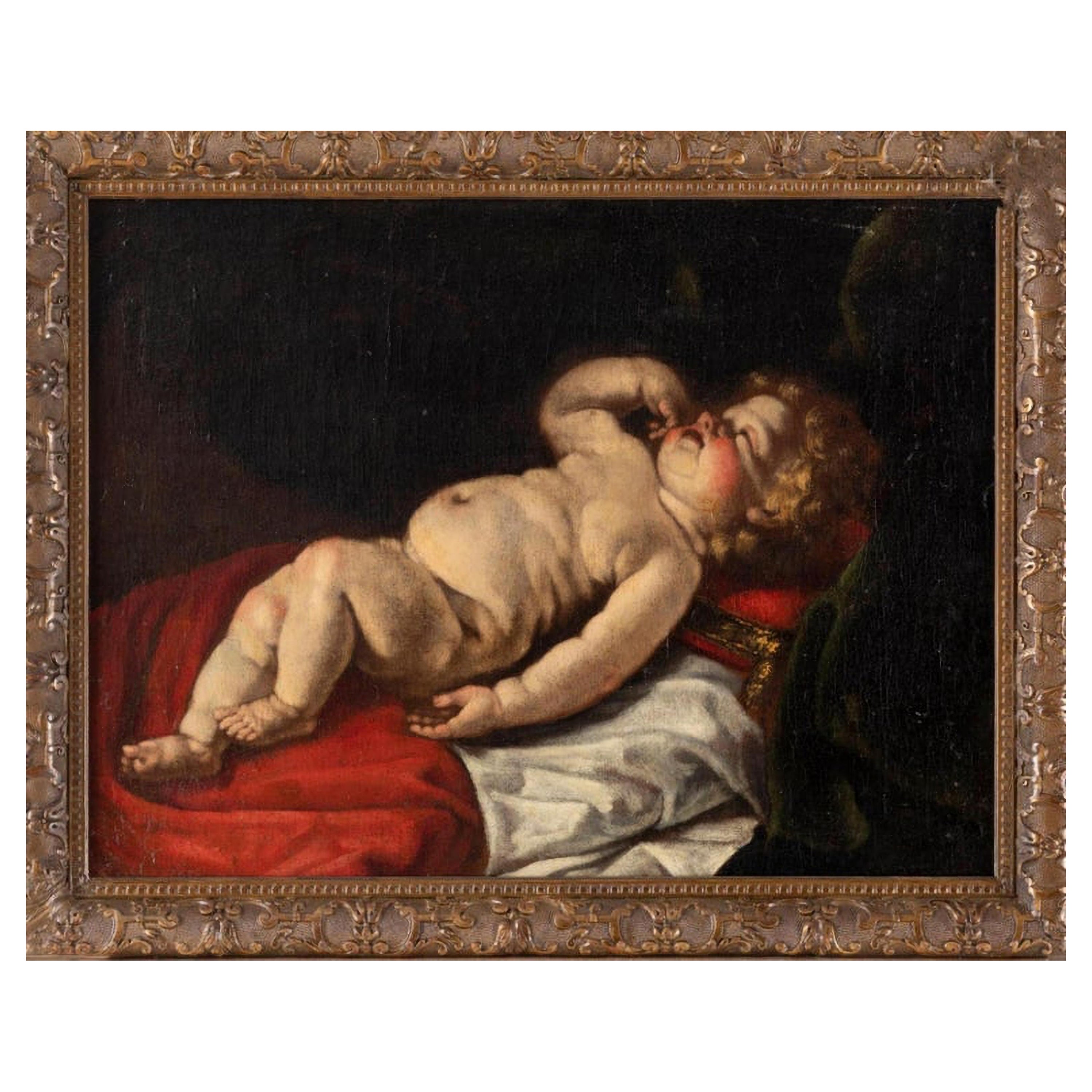Luigi Miradori circa 1600 - circa 1657 "Young Sleeping Child" 17ème siècle VIDE0 en vente