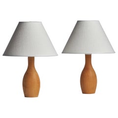 Vintage Swedish Designer, Small Table Lamps, Oak, Sweden, 1970s