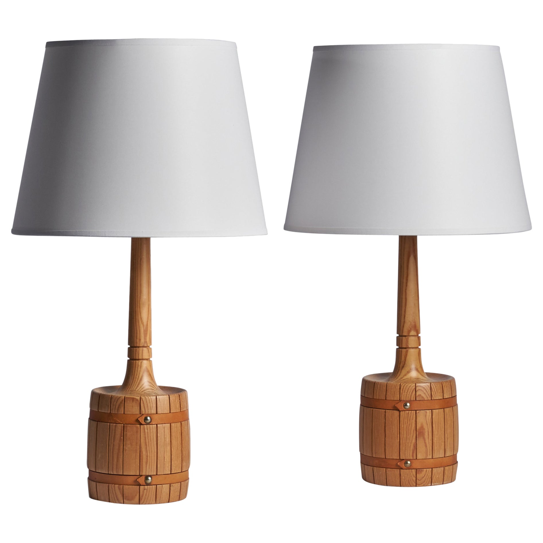 Tranås Stilarmatur, Table Lamps, Pine, Leather, Brass, Sweden, 1970s