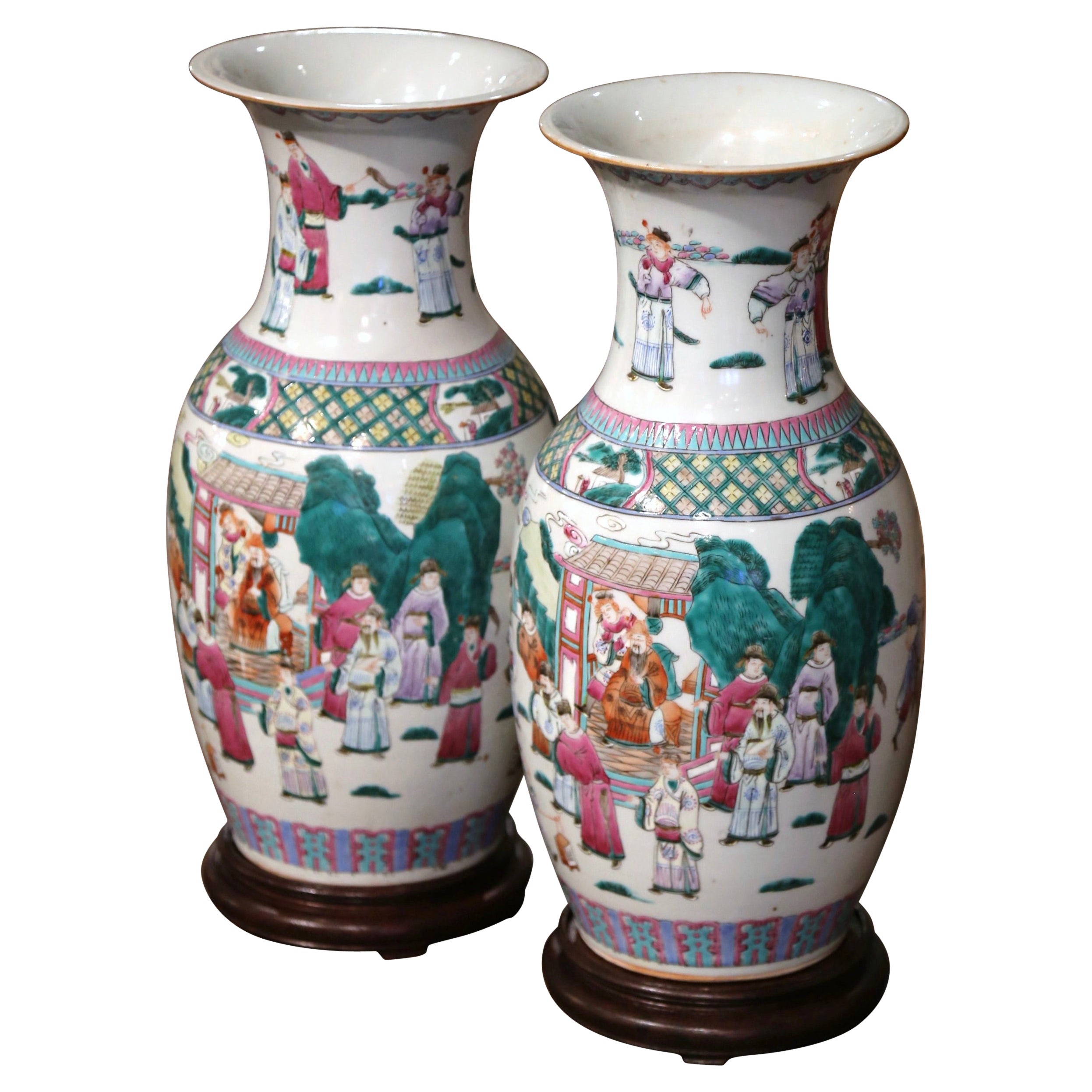 Pair of Mid-Century Chinese Famille Rose Hand Painted Porcelain Vases on Bases For Sale
