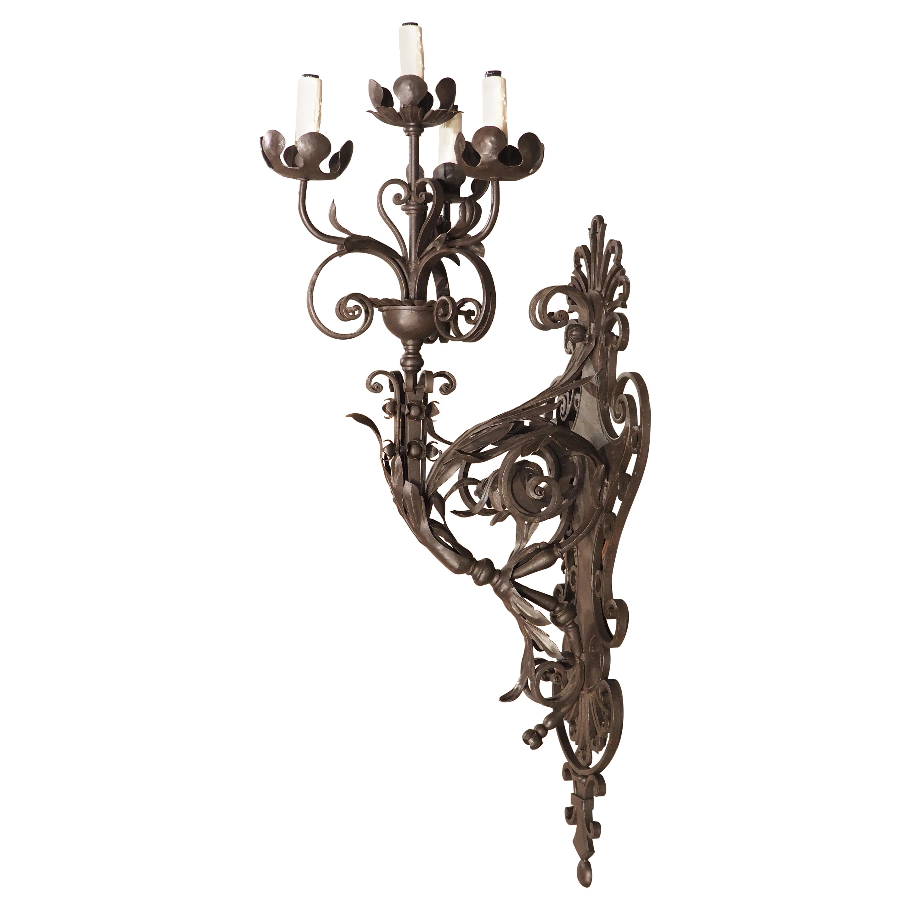 Monumental Wrought Iron Single Arm 4-Light Wall Sconce, H-57 inches For Sale