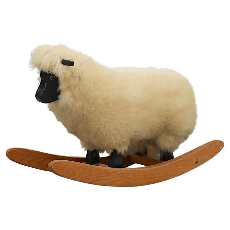 Mid-Century Rocking Sheep w/ Real Sheepskin, Black Painted and Natural Wood For Sale